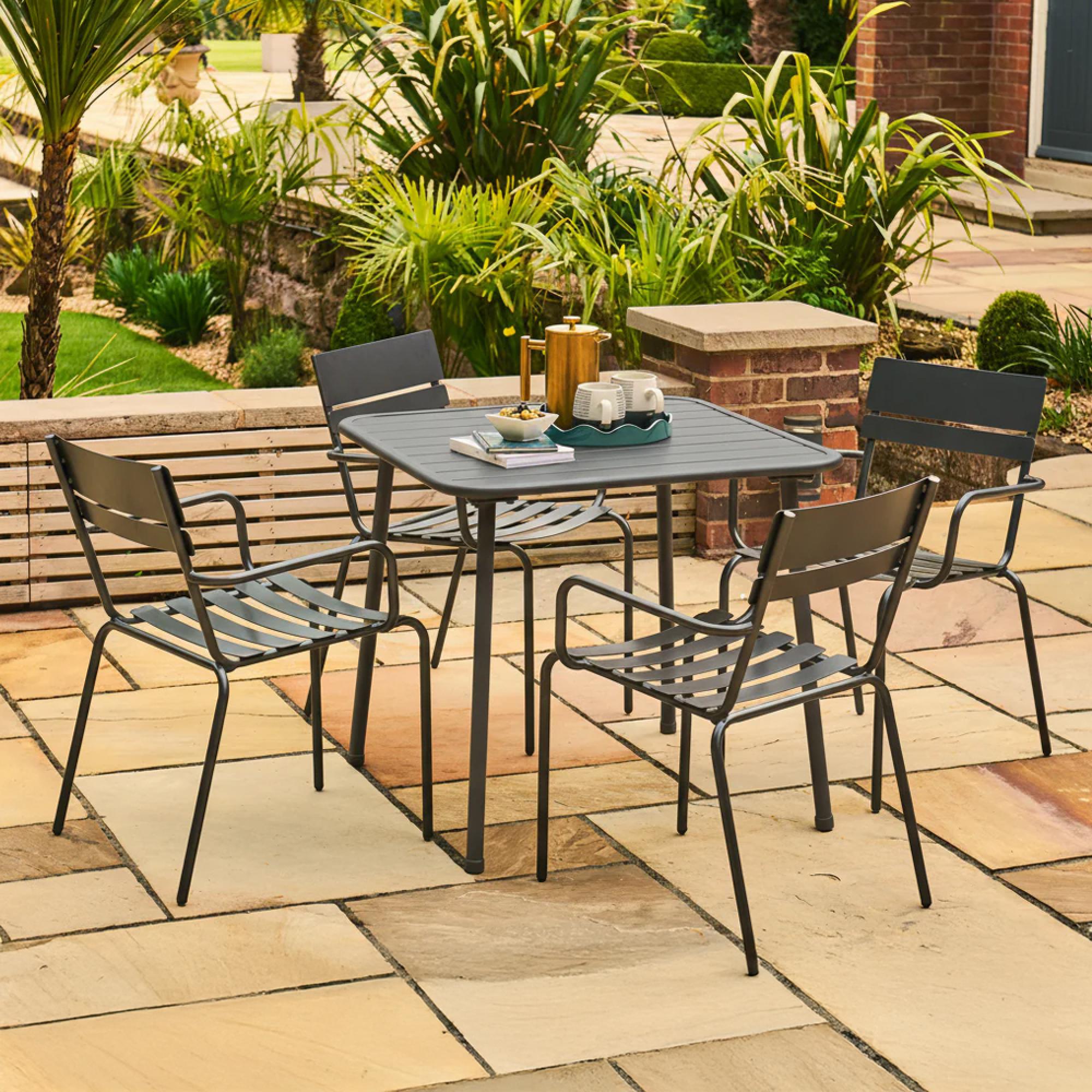 Oslo Garden Square Dining Set - 4 Seater - 80cm - Grey Metal - 4 Stacking Dining Armchair