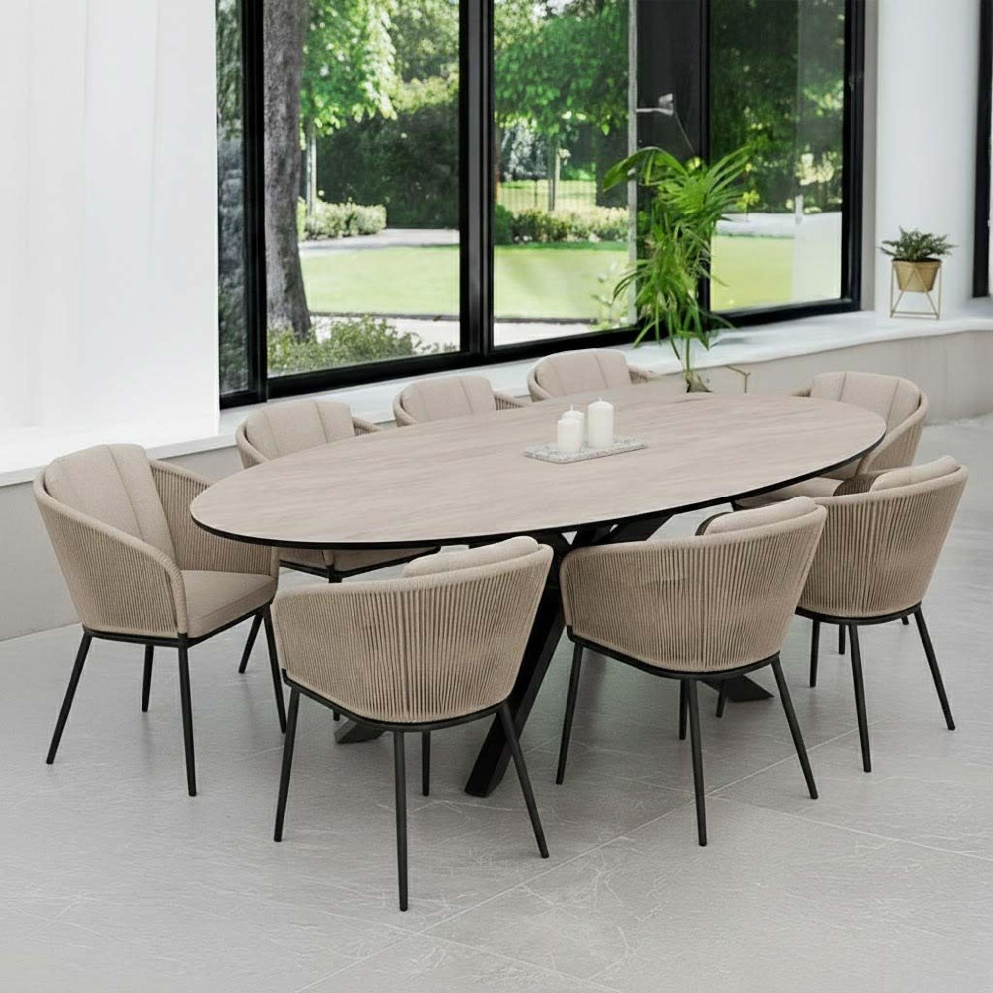 Bali Dining Set - 8 Seater - 200cm - Oval - Ceramic Top - 8 Rope Chairs