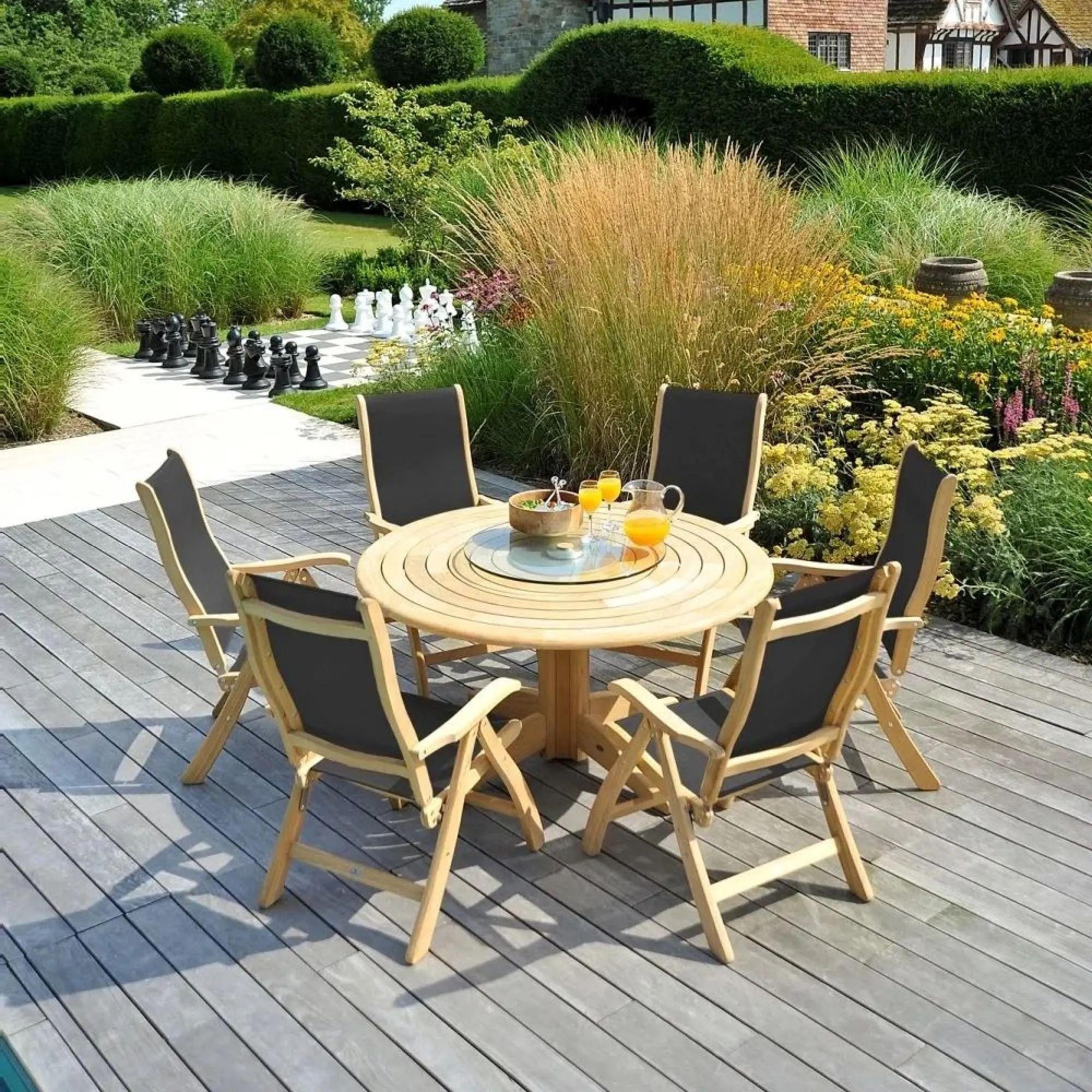 Roble Wood Bengal Round Dining Table - 6 Seater - 145cm - Garden - Pedestal