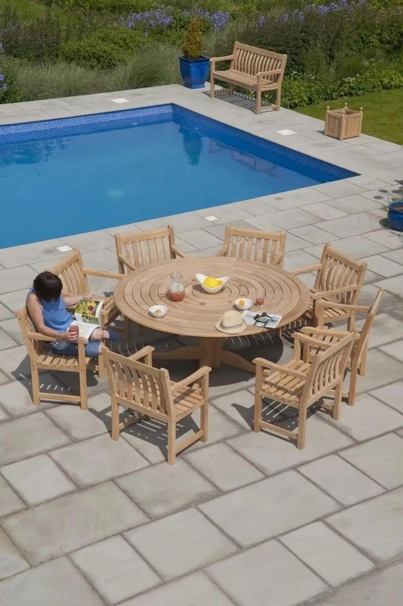 Roble Wood Bengal Round Dining Table - 8 Seater - 175cm - Garden - Pedestal