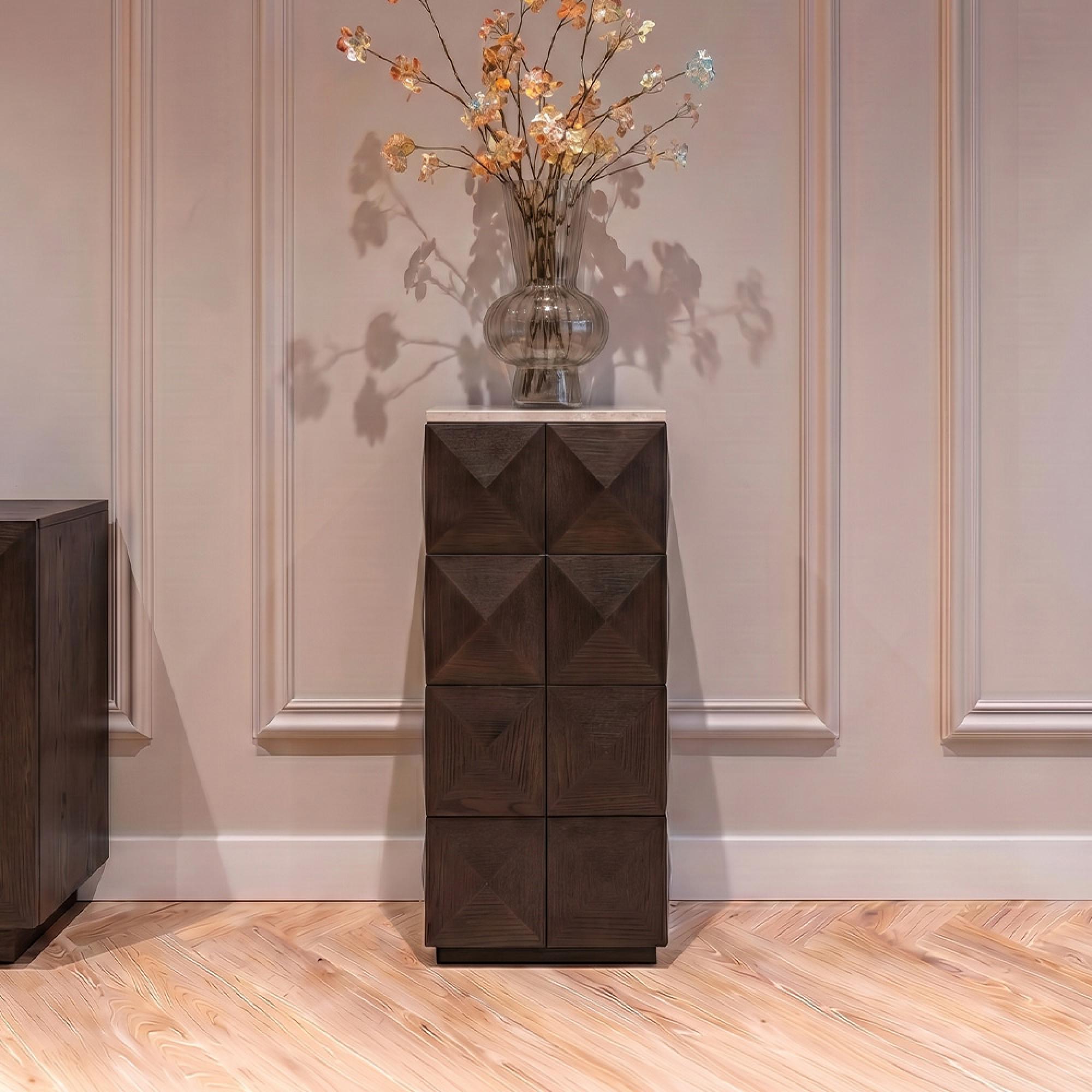 Claremont Dark Wood Geometric Pillar with Travertine Top