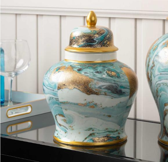 Ginger Jar - Blue White Gold - Small - Abstract - Set of 2