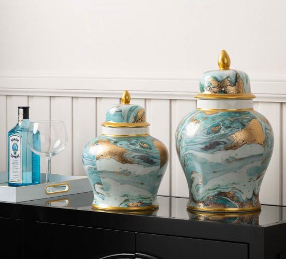 Ginger Jar - Blue White Gold - Small - Abstract - Set of 2