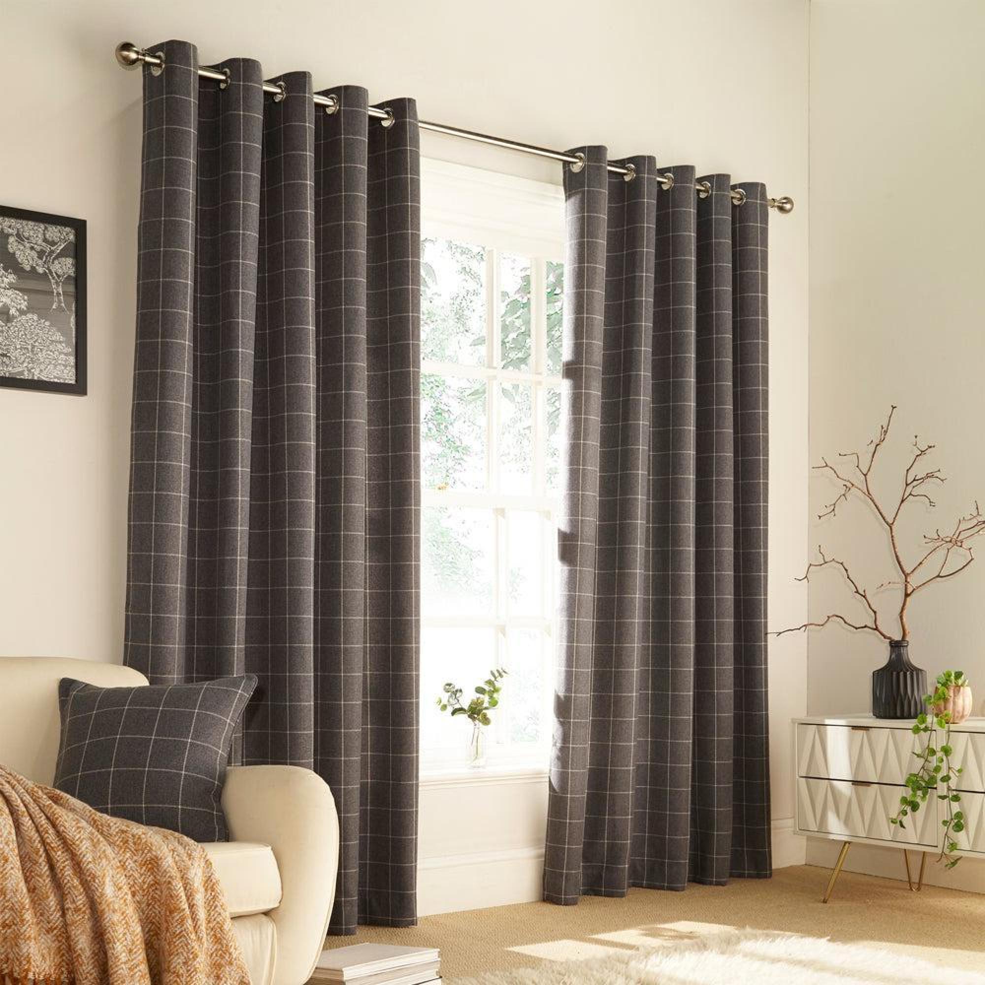 Furn Ellis Grey Windowpane Check Eyelet Curtains