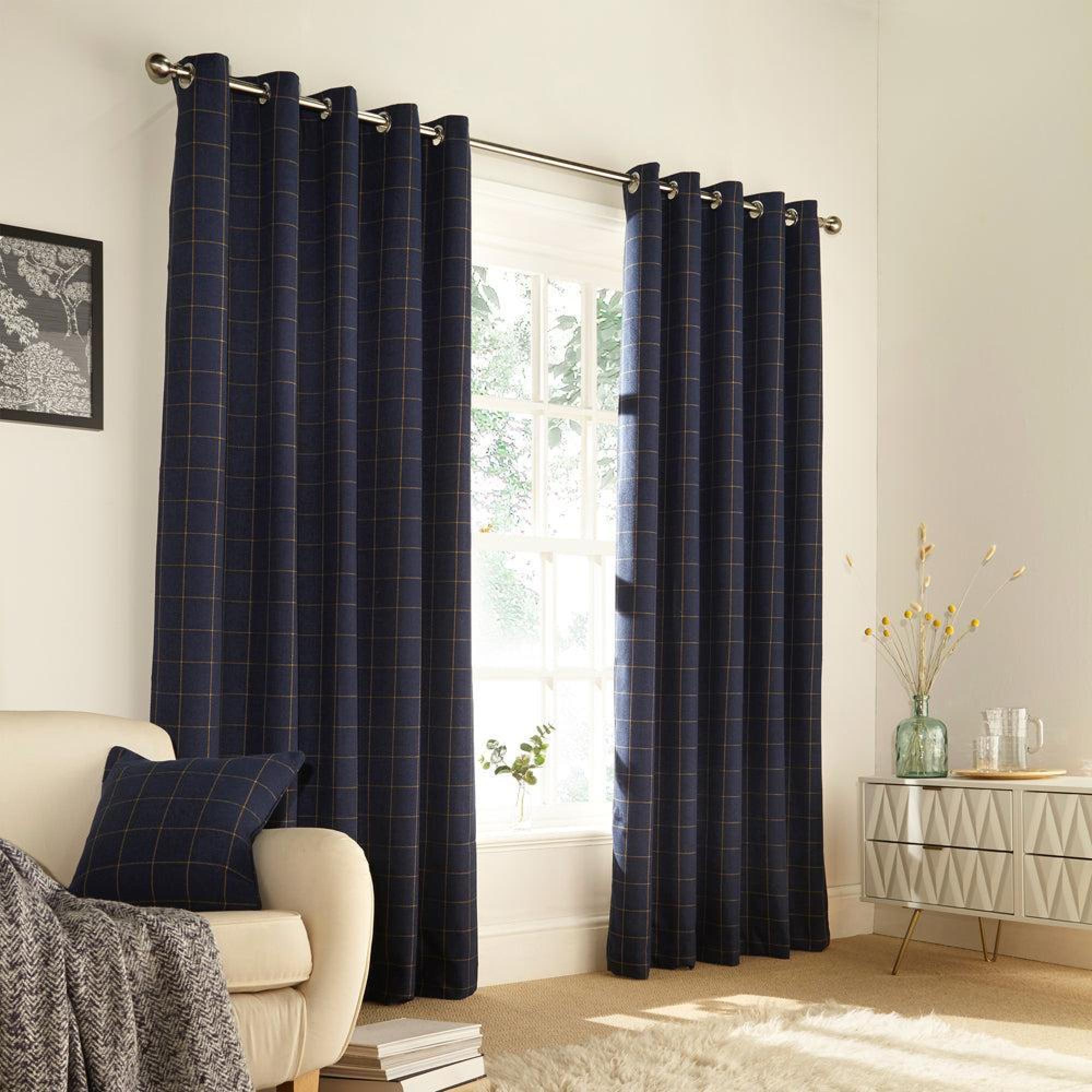 Furn Ellis Navy Windowpane Check Eyelet Curtains
