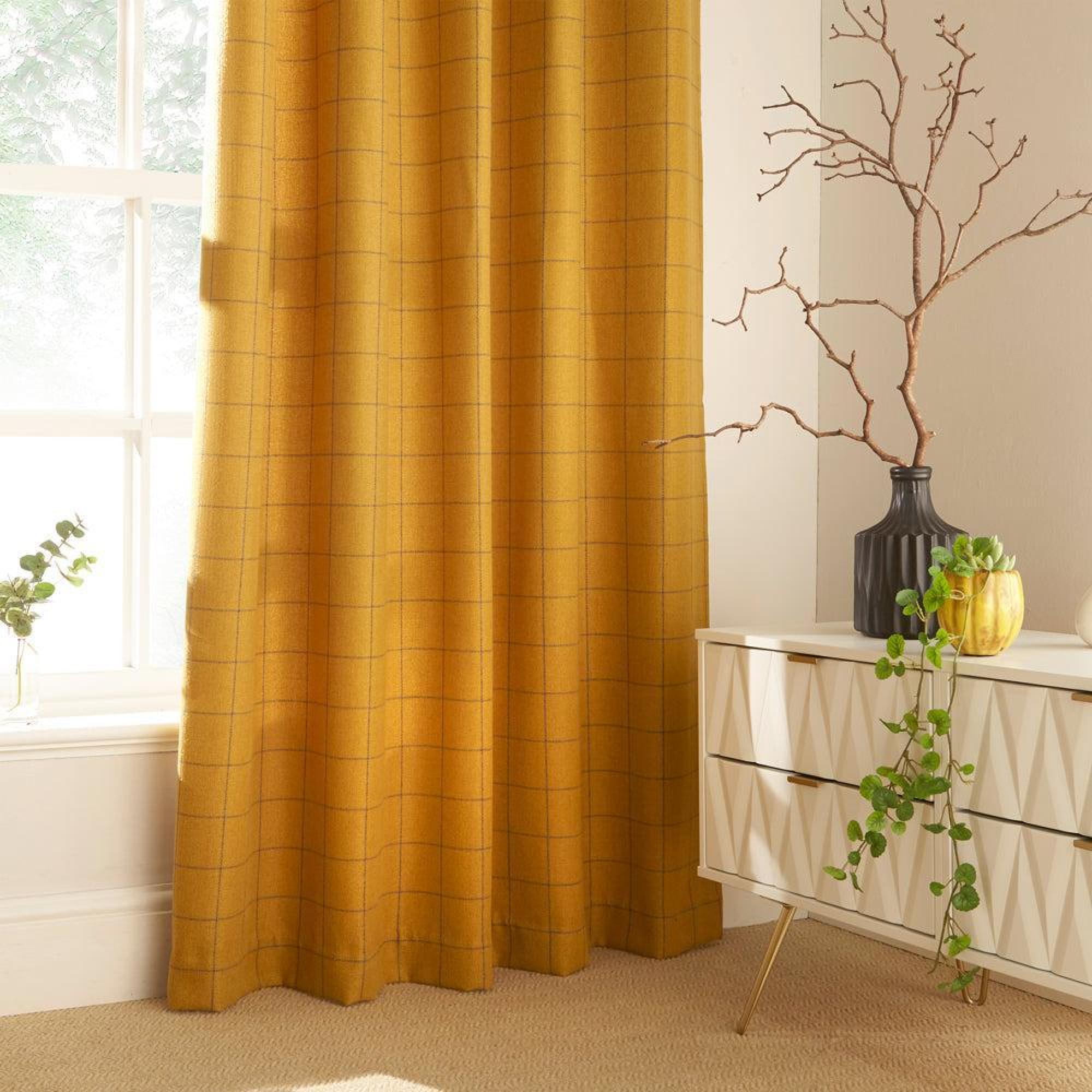 Furn Ellis Ochre Windowpane Check Eyelet Curtains