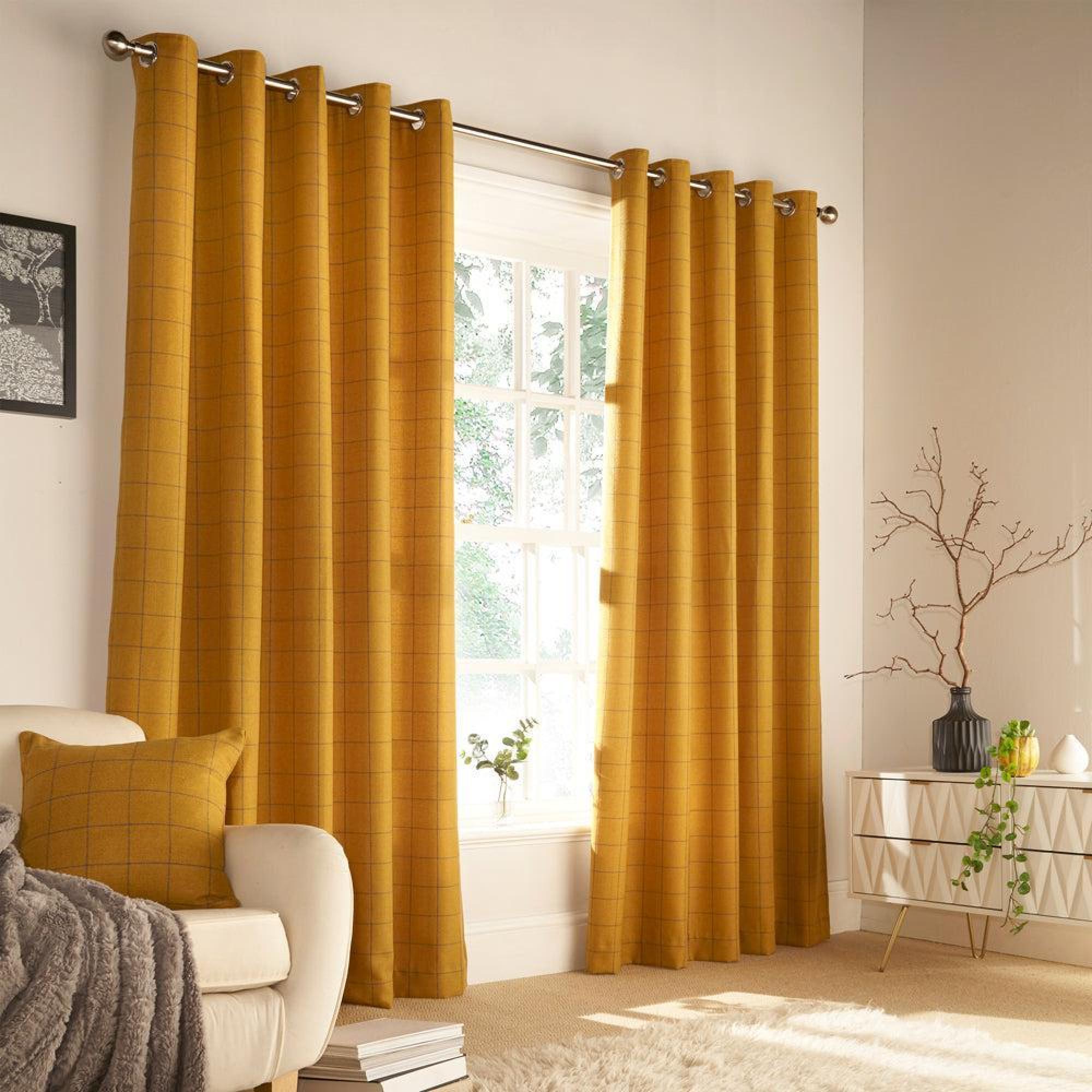 Furn Ellis Ochre Windowpane Check Eyelet Curtains