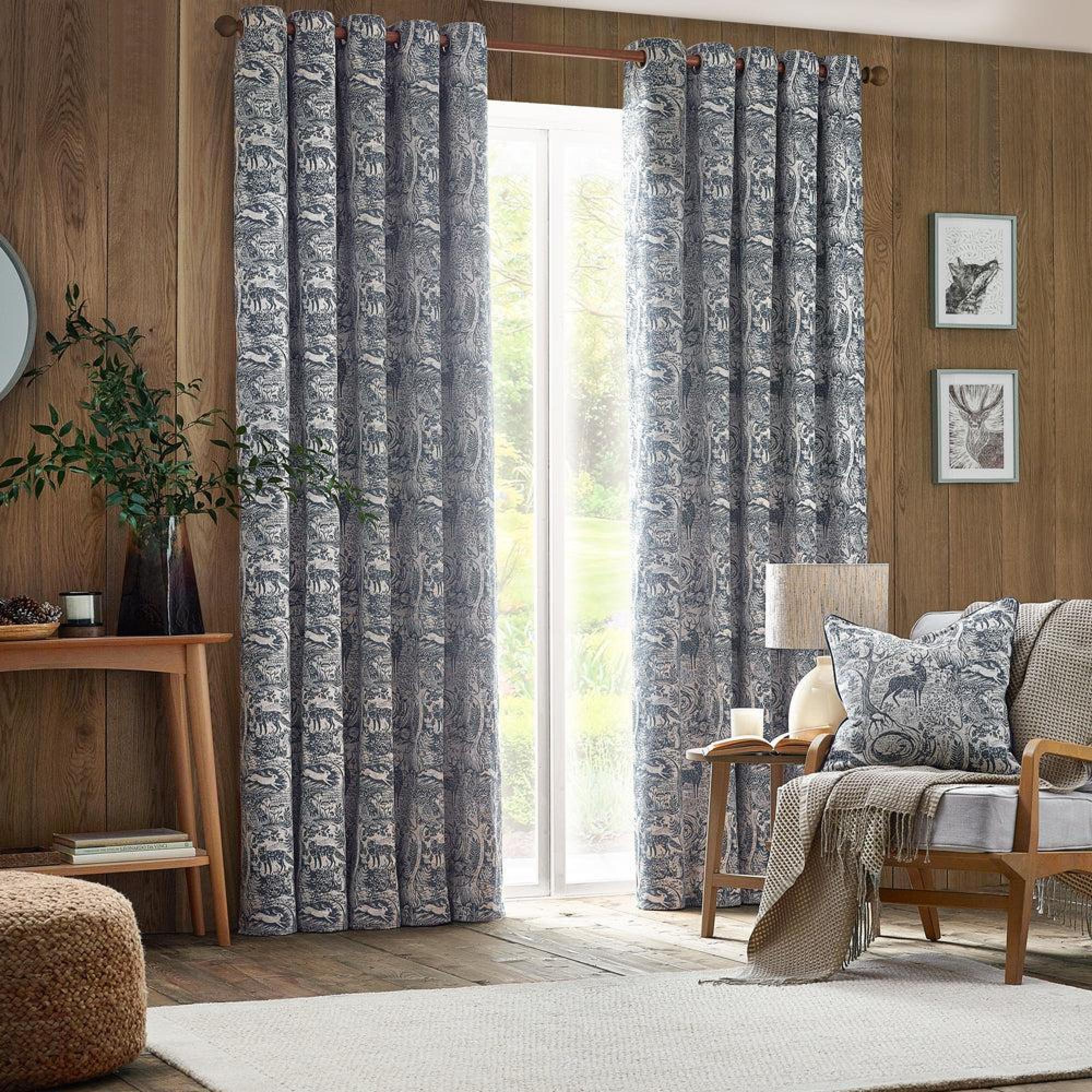 Furn Winter Woods Midnight Animal Chenille Eyelet Curtains