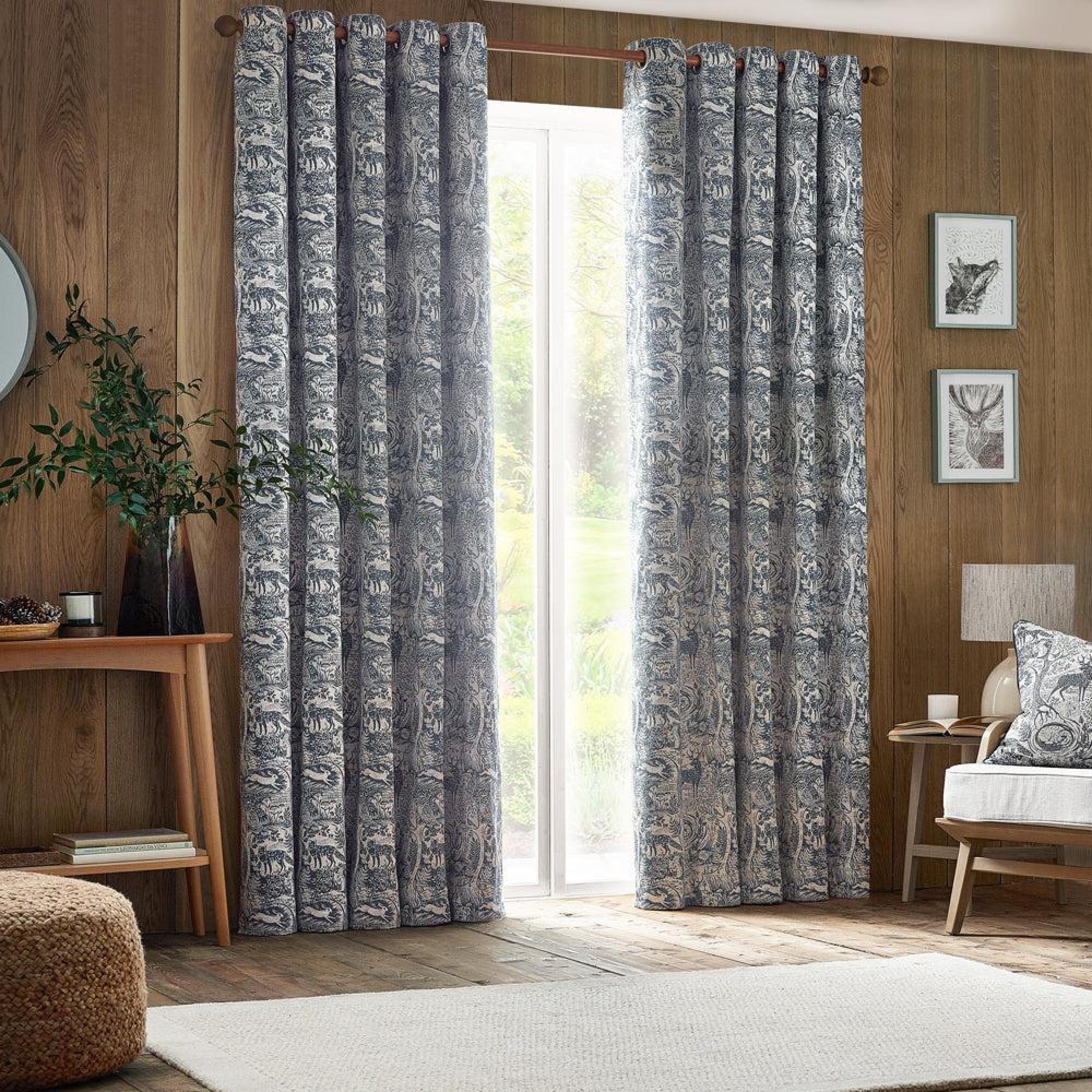 Furn Winter Woods Midnight Animal Chenille Eyelet Curtains