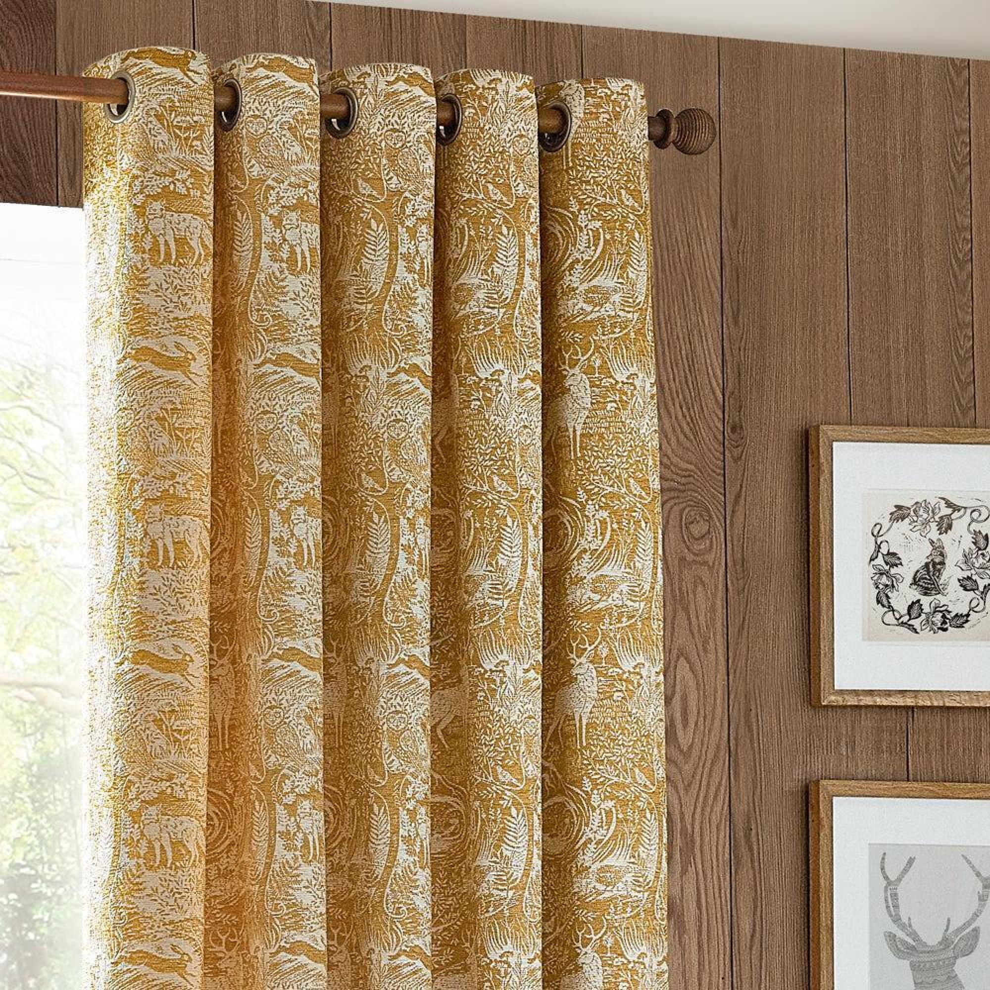 Furn Winter Woods Ochre Animal Chenille Eyelet Curtains