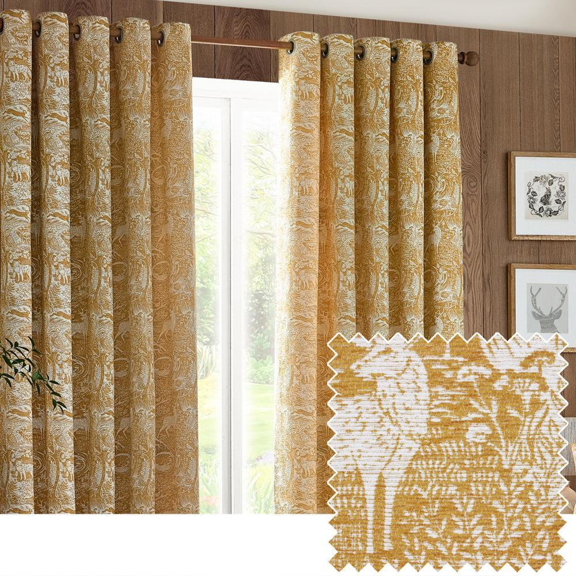 Furn Winter Woods Ochre Animal Chenille Eyelet Curtains
