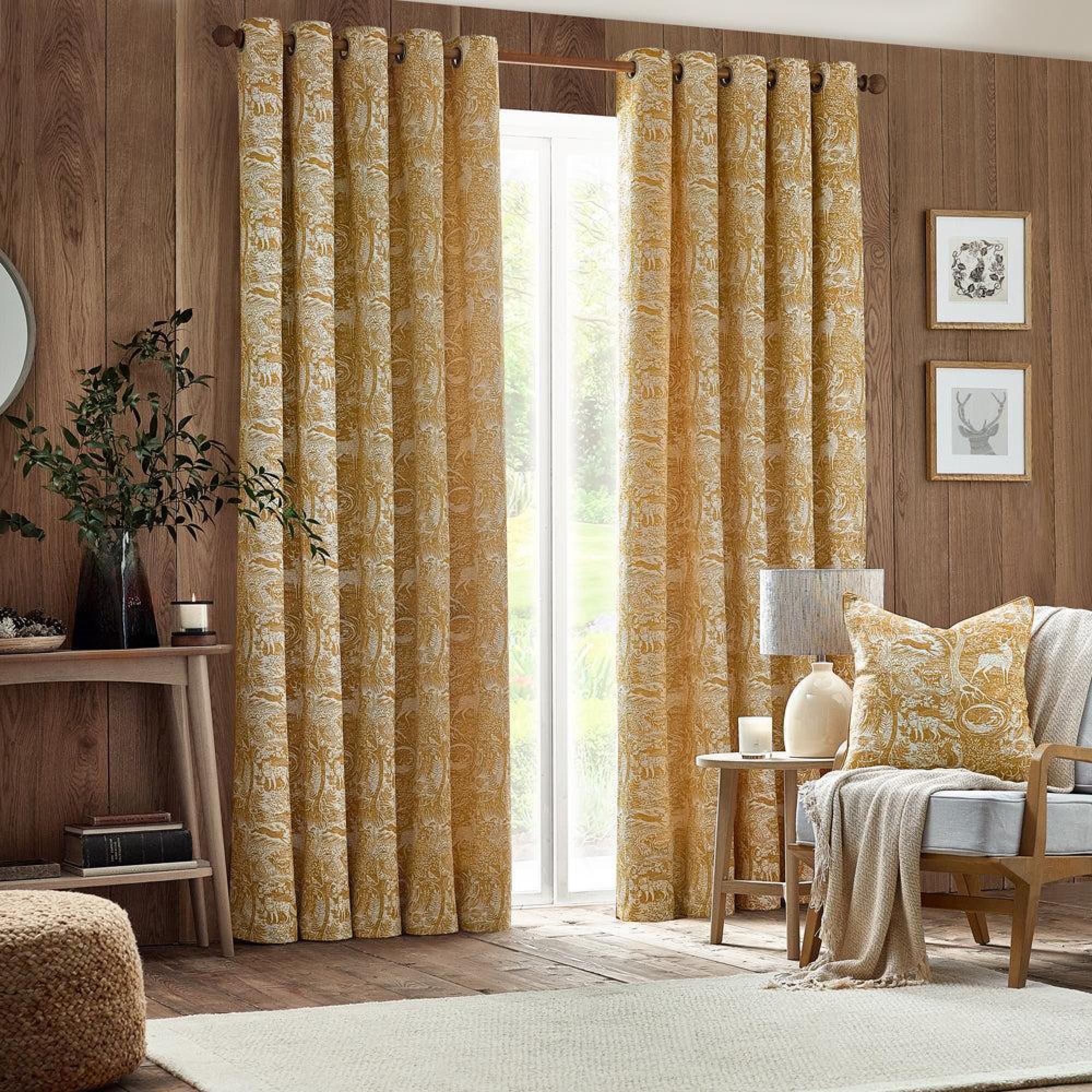 Furn Winter Woods Ochre Animal Chenille Eyelet Curtains