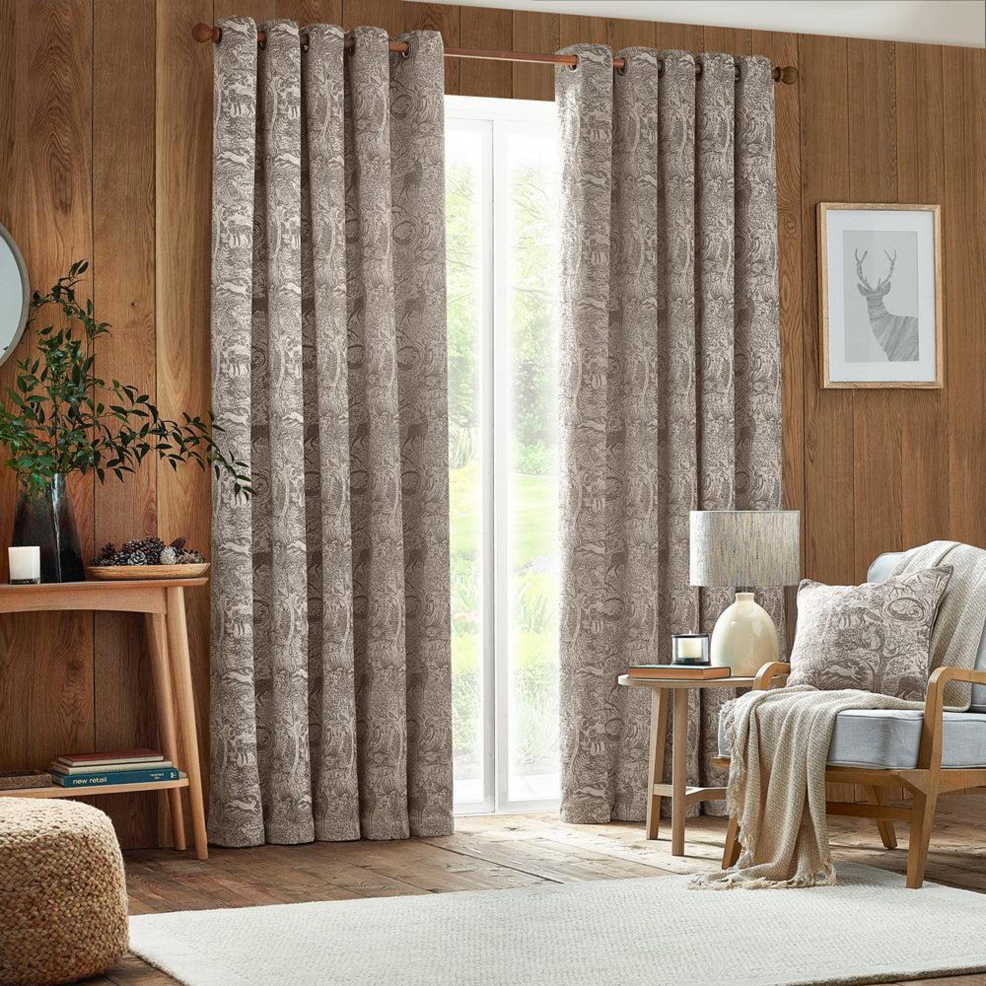 Furn Winter Woods Taupe Animal Chenille Eyelet Curtains