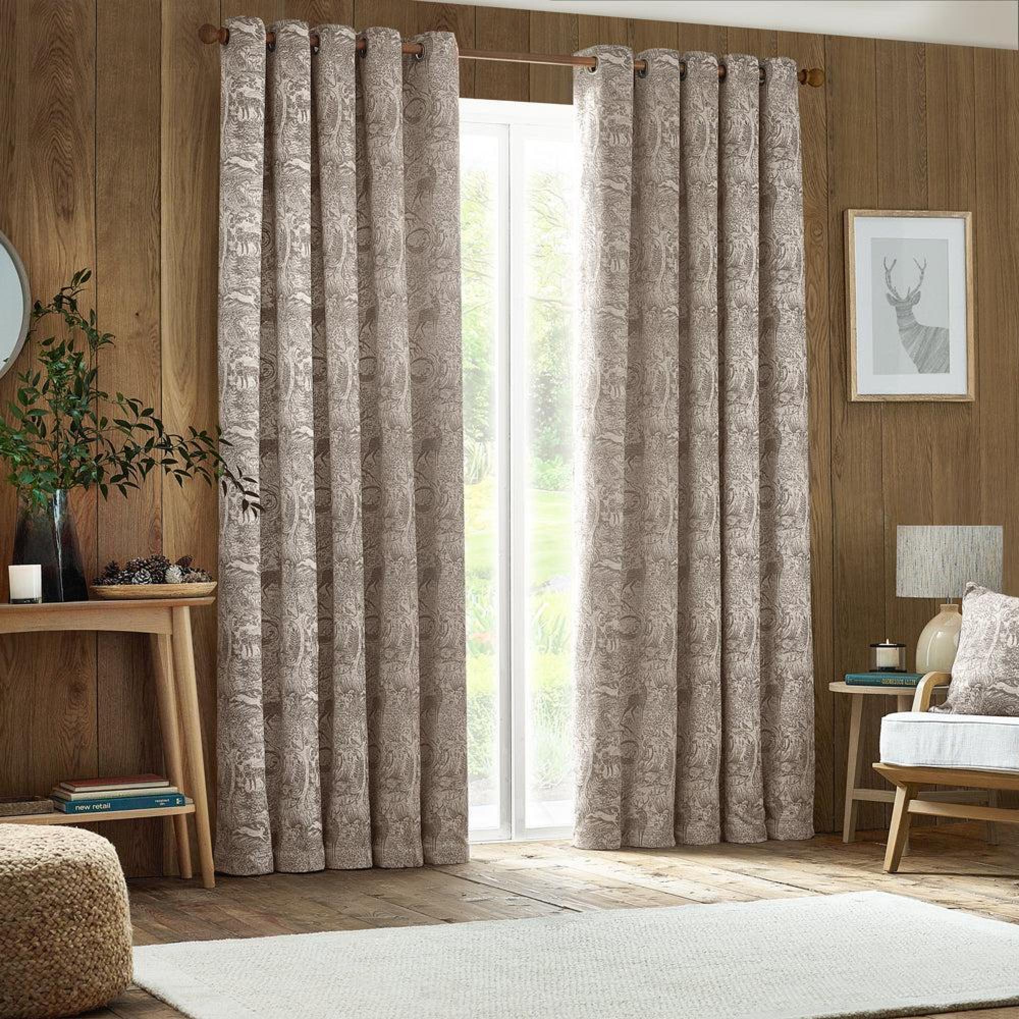 Furn Winter Woods Taupe Animal Chenille Eyelet Curtains
