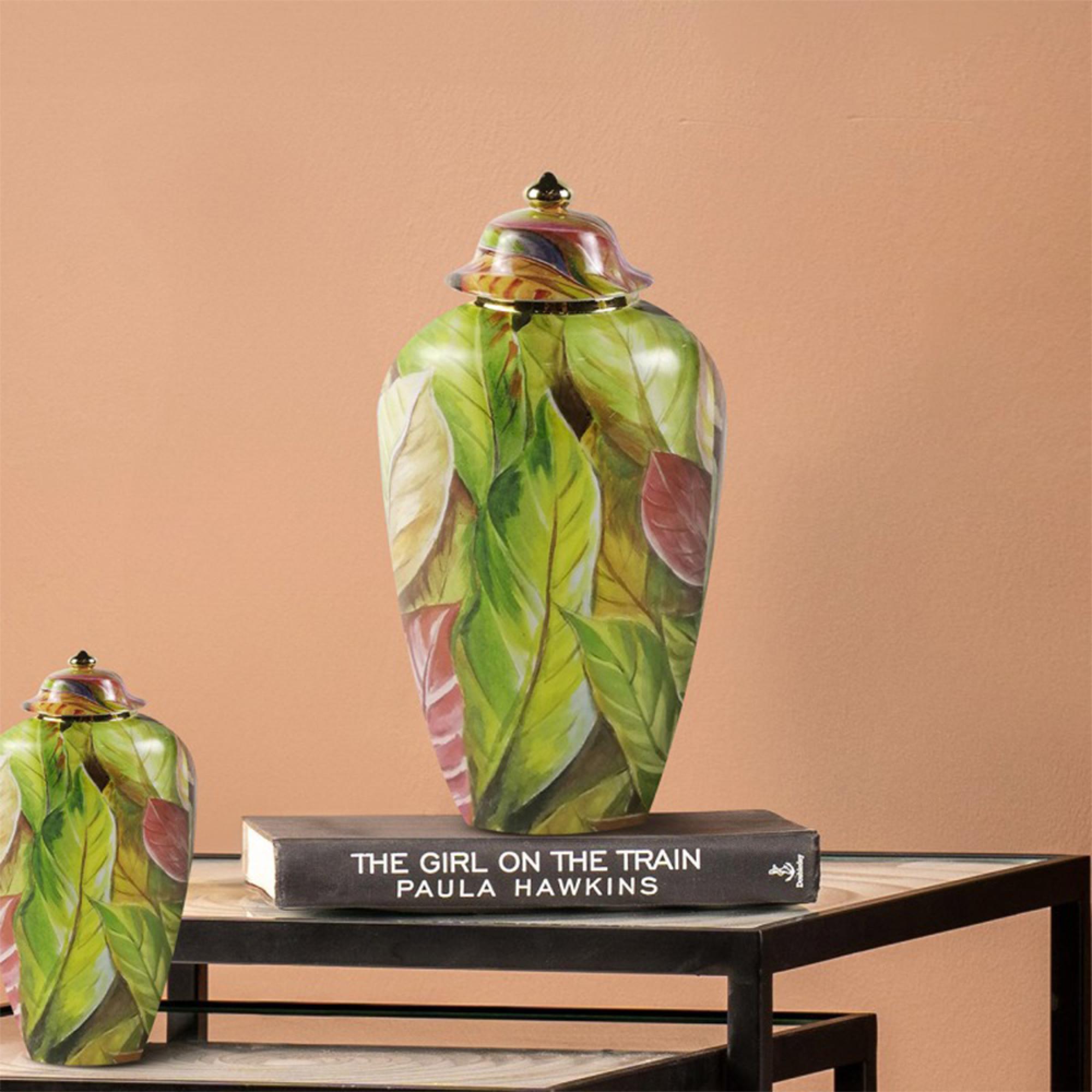 Ginger Jar - Green and Pink Leaves - Ceramic