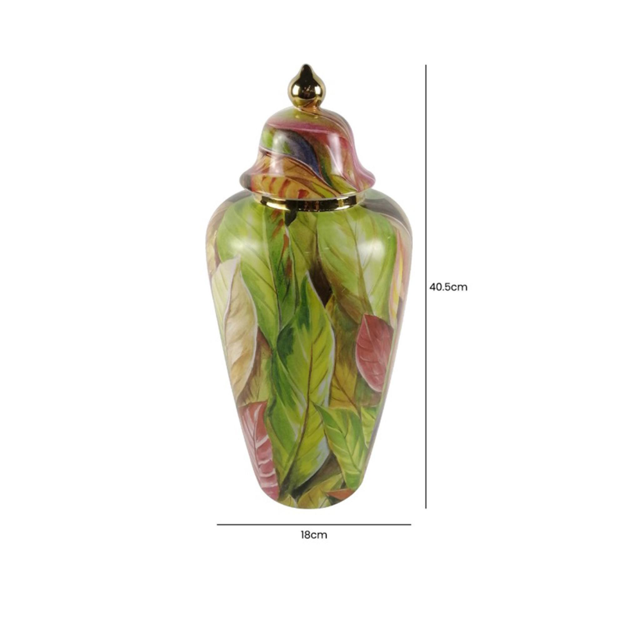 Ginger Jar - Green and Pink Leaves - Ceramic