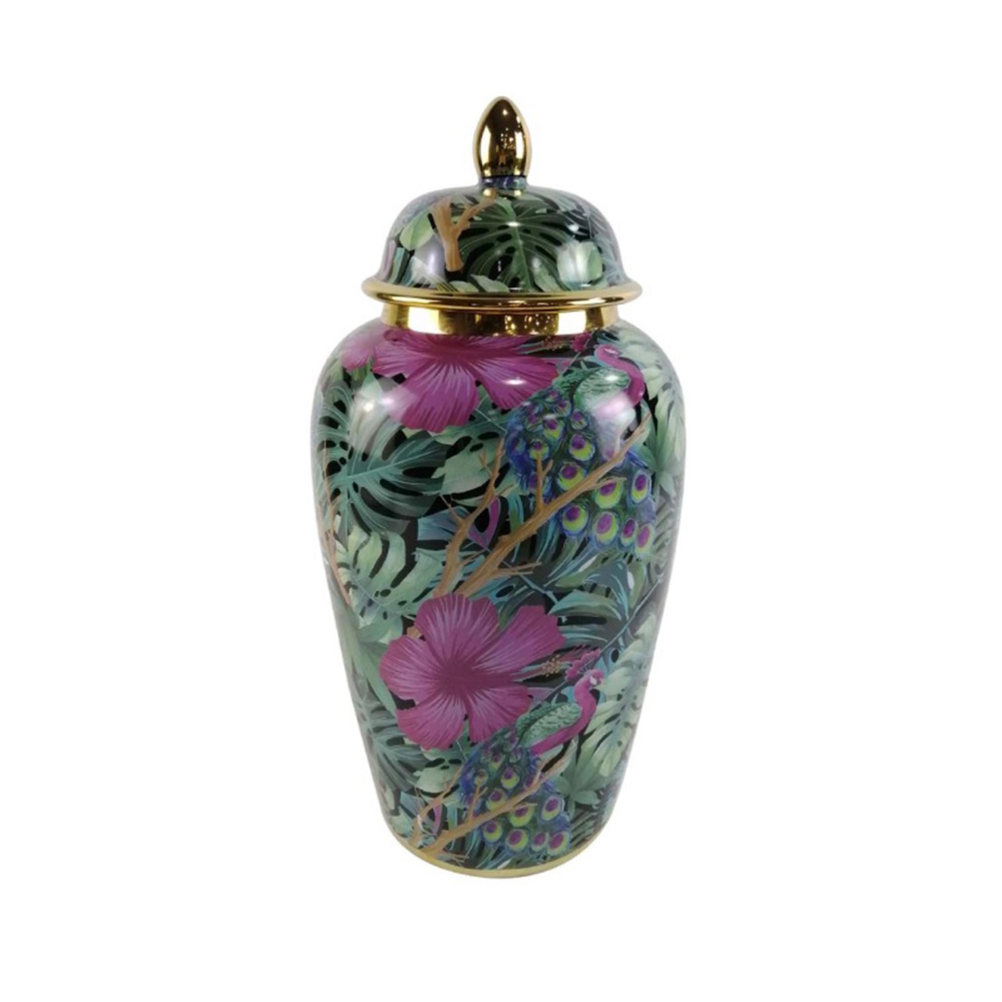 Ginger Jar - Green and Pink Palm Leaves - Ceramic