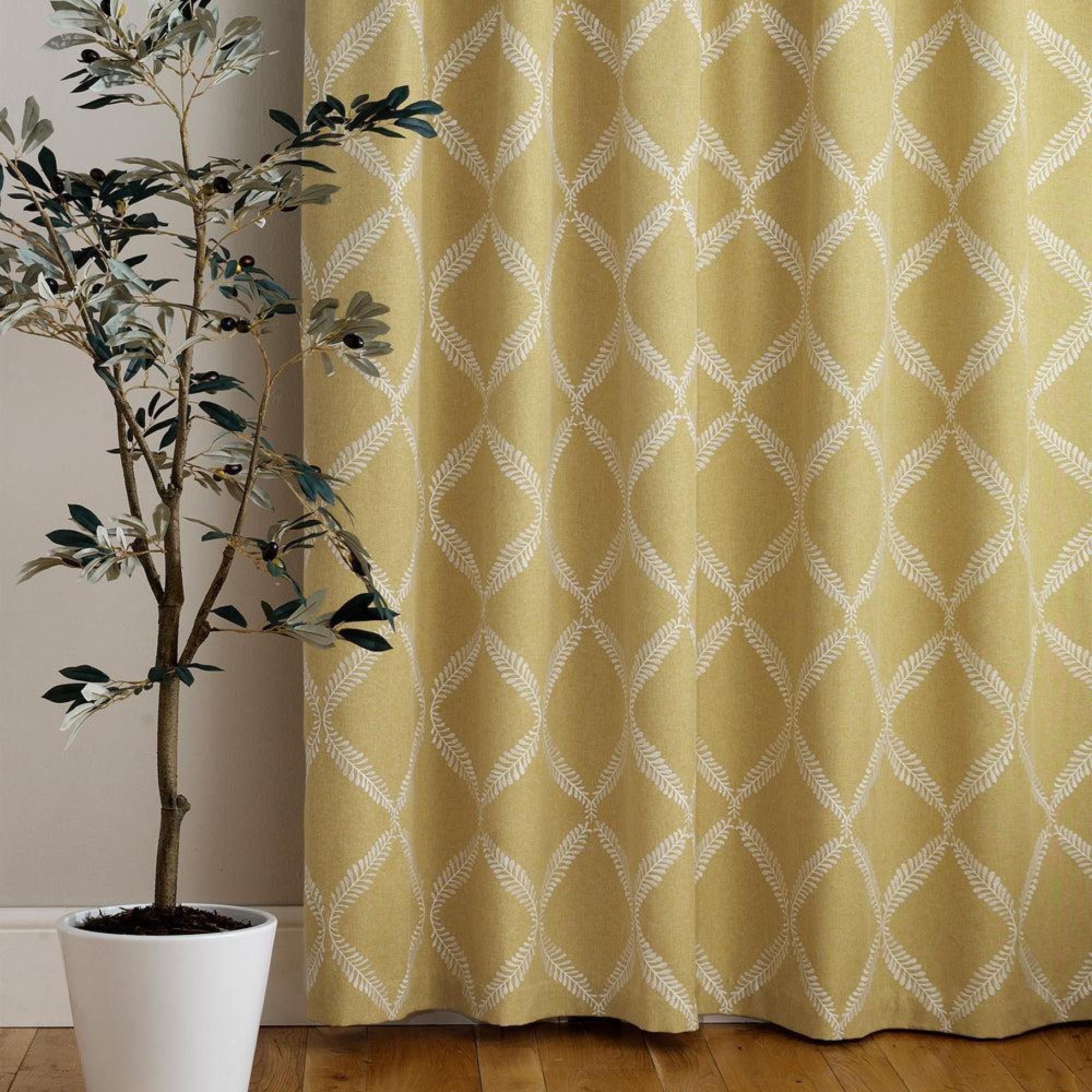 Paoletti Olivia Citron Lattice Embroidered Pencil Pleat Curtains