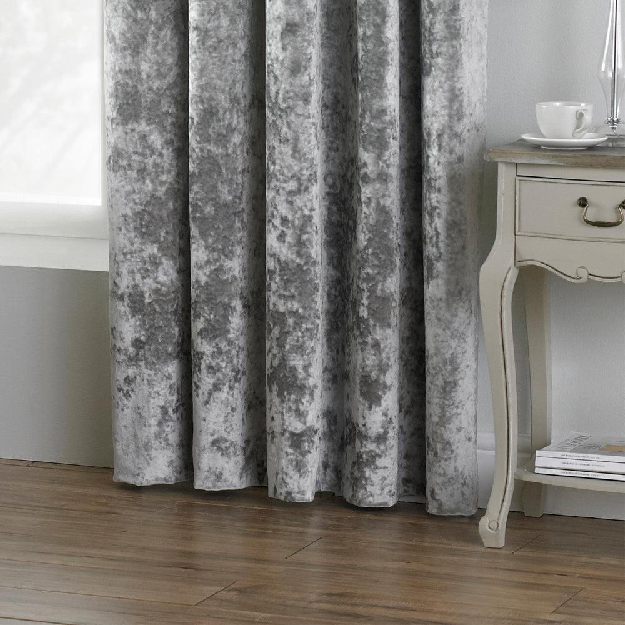 Paoletti Verona Silver Crushed Velvet Eyelet Curtains