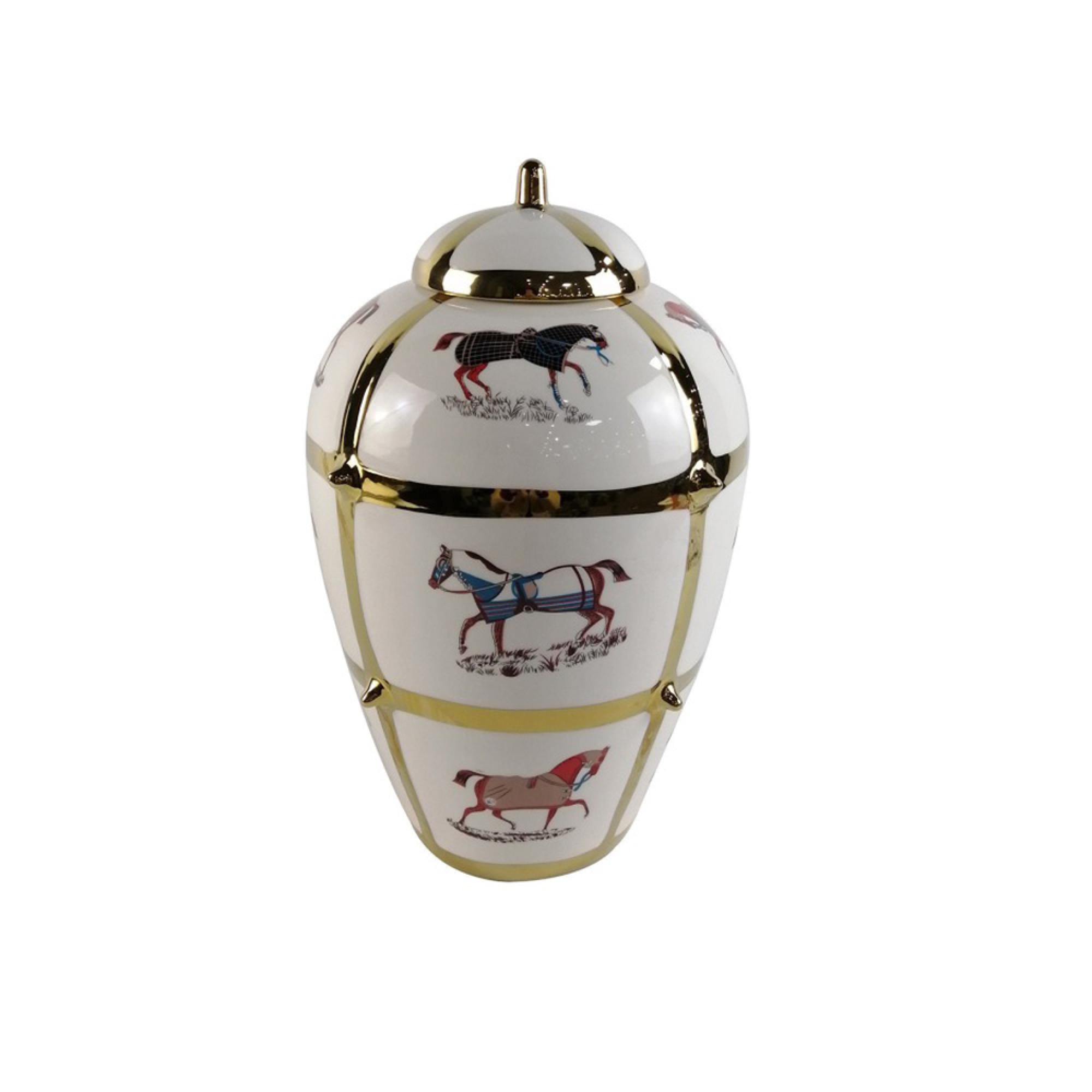 Ginger Jar - White Ceramic - Horse Design