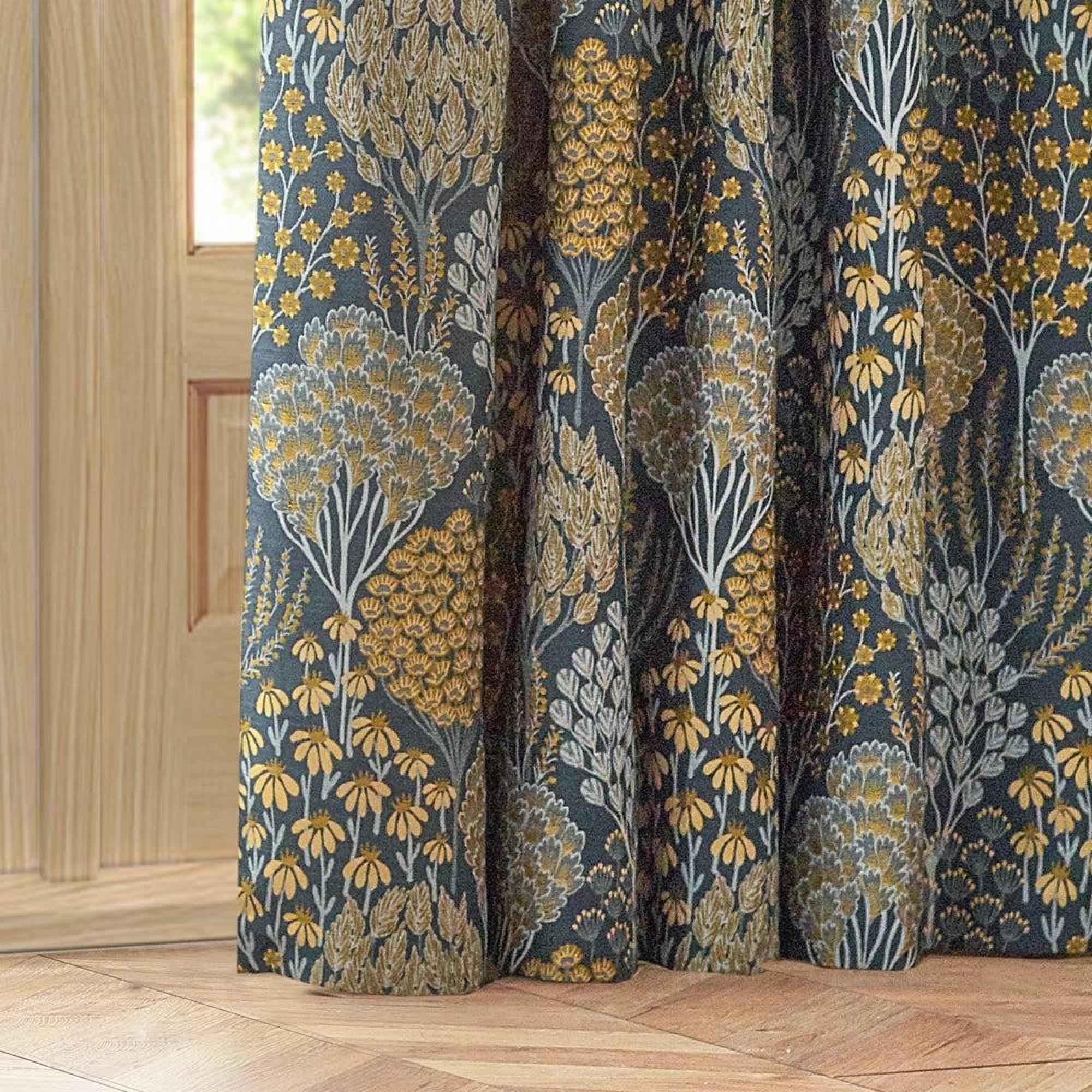 Wylder Ophelia Blue and Saffron Floral Jacquard Pencil Pleat Curtains
