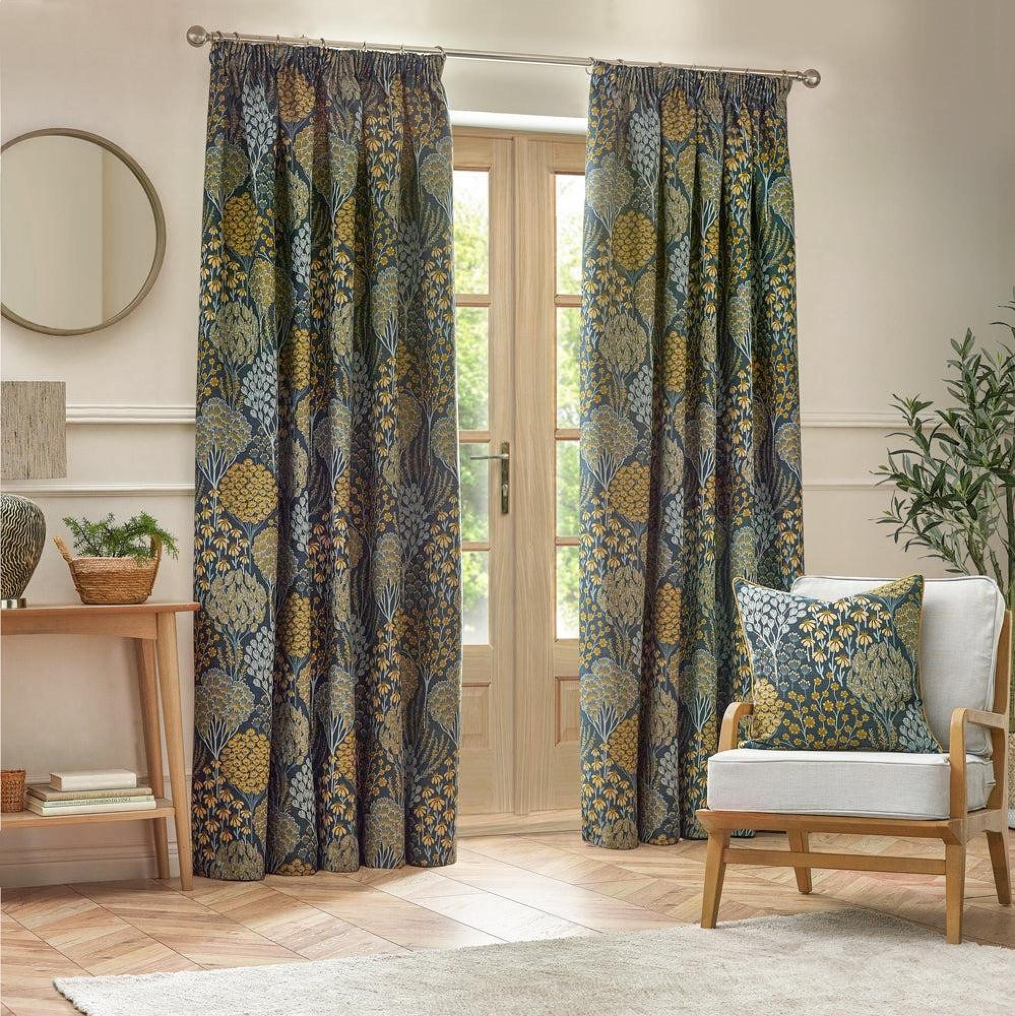 Wylder Ophelia Blue and Saffron Floral Jacquard Pencil Pleat Curtains