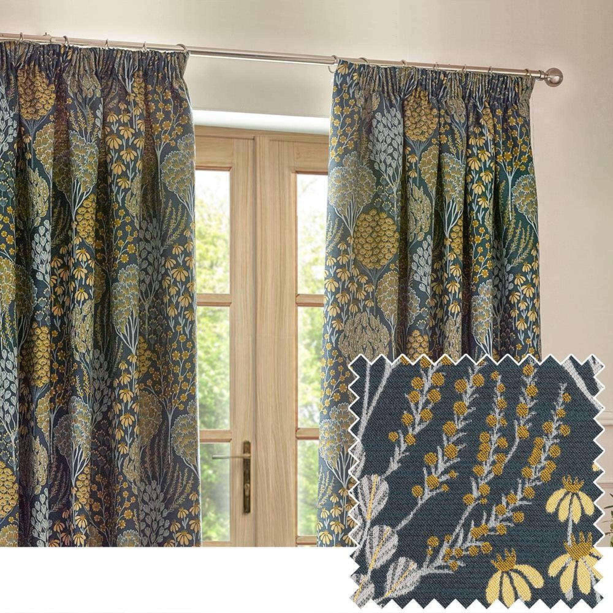 Wylder Ophelia Blue and Saffron Floral Jacquard Pencil Pleat Curtains