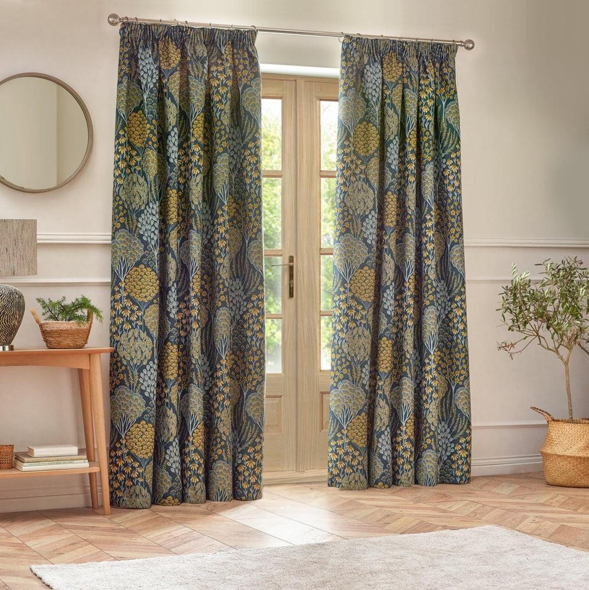 Wylder Ophelia Blue and Saffron Floral Jacquard Pencil Pleat Curtains