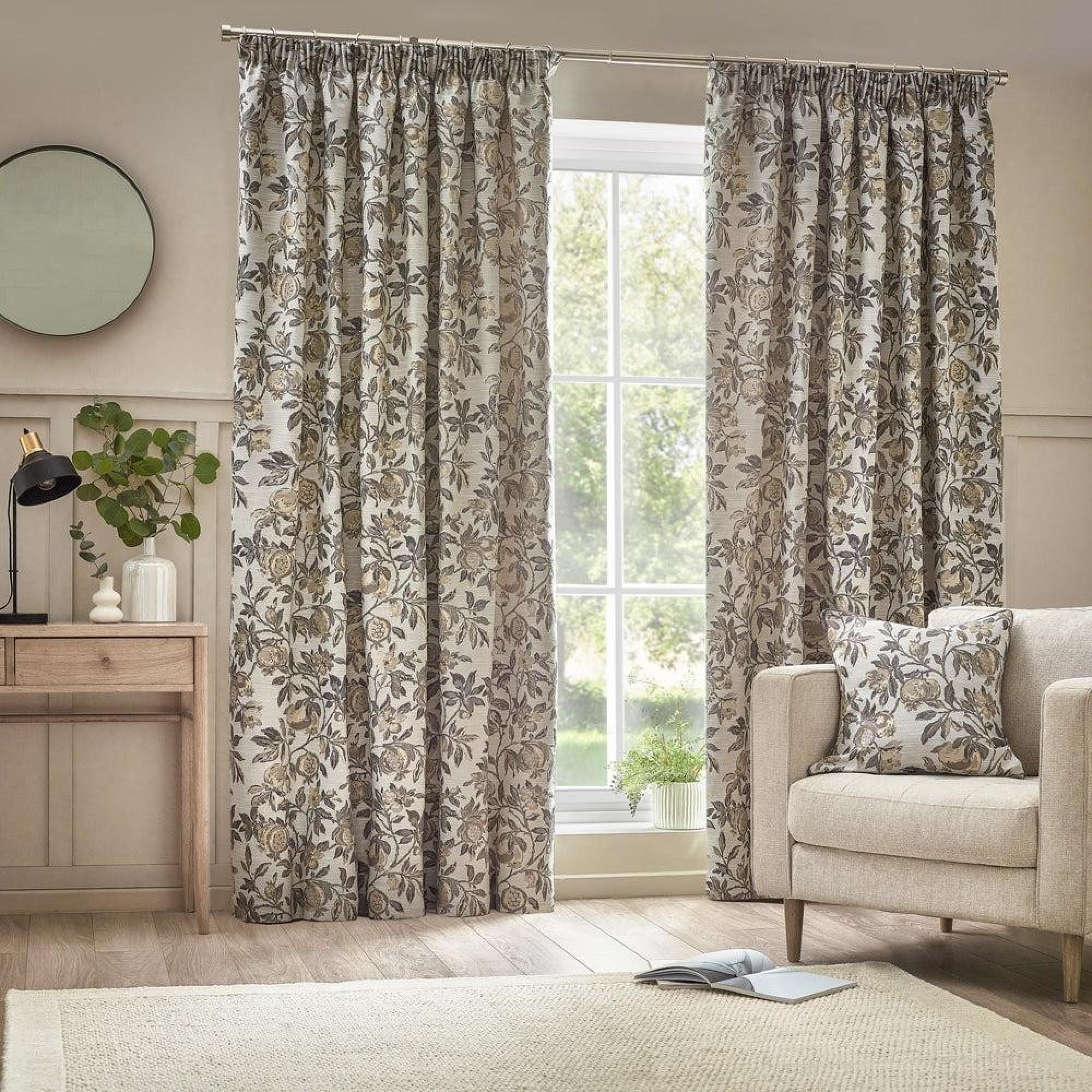 Wylder Pomegranate Natural Pencil Pleat Curtains