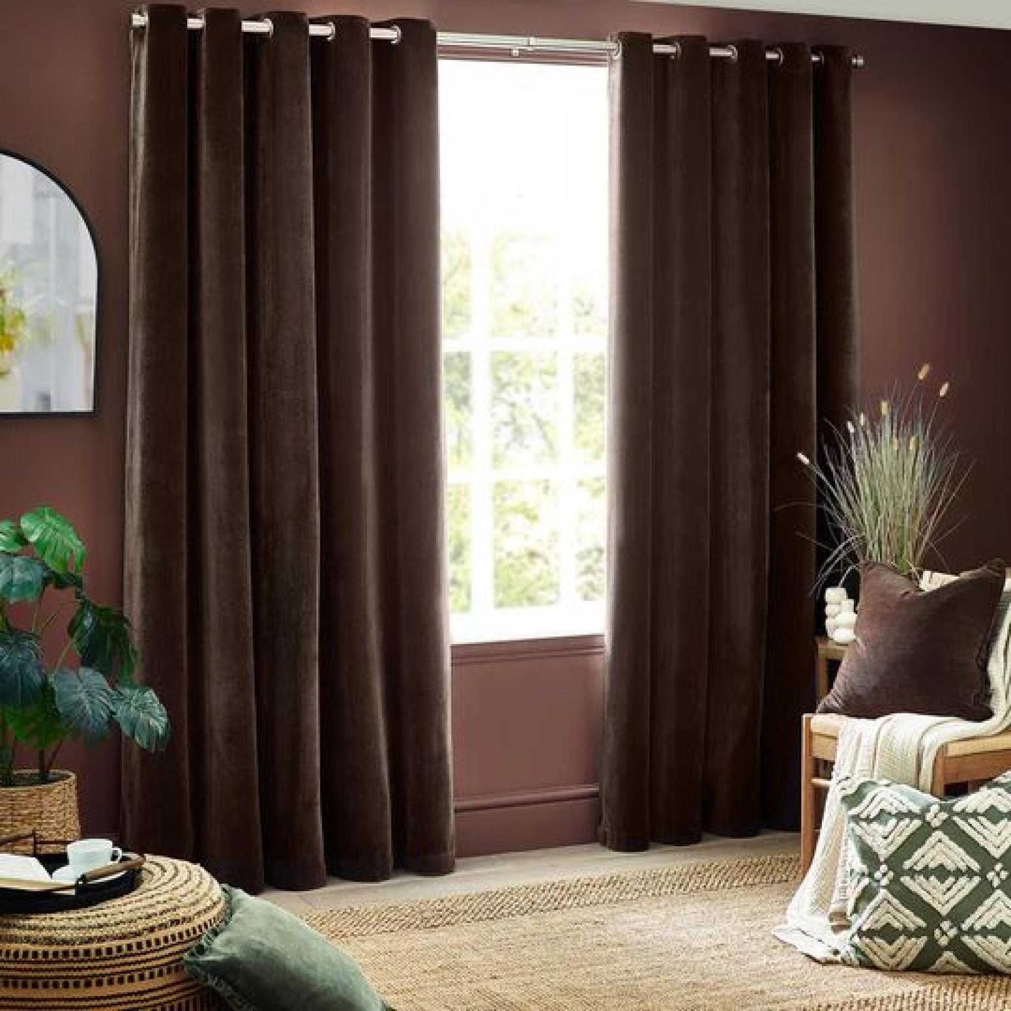 Yard Heavy Brown Chenille Room Darkening Eyelet Curtains