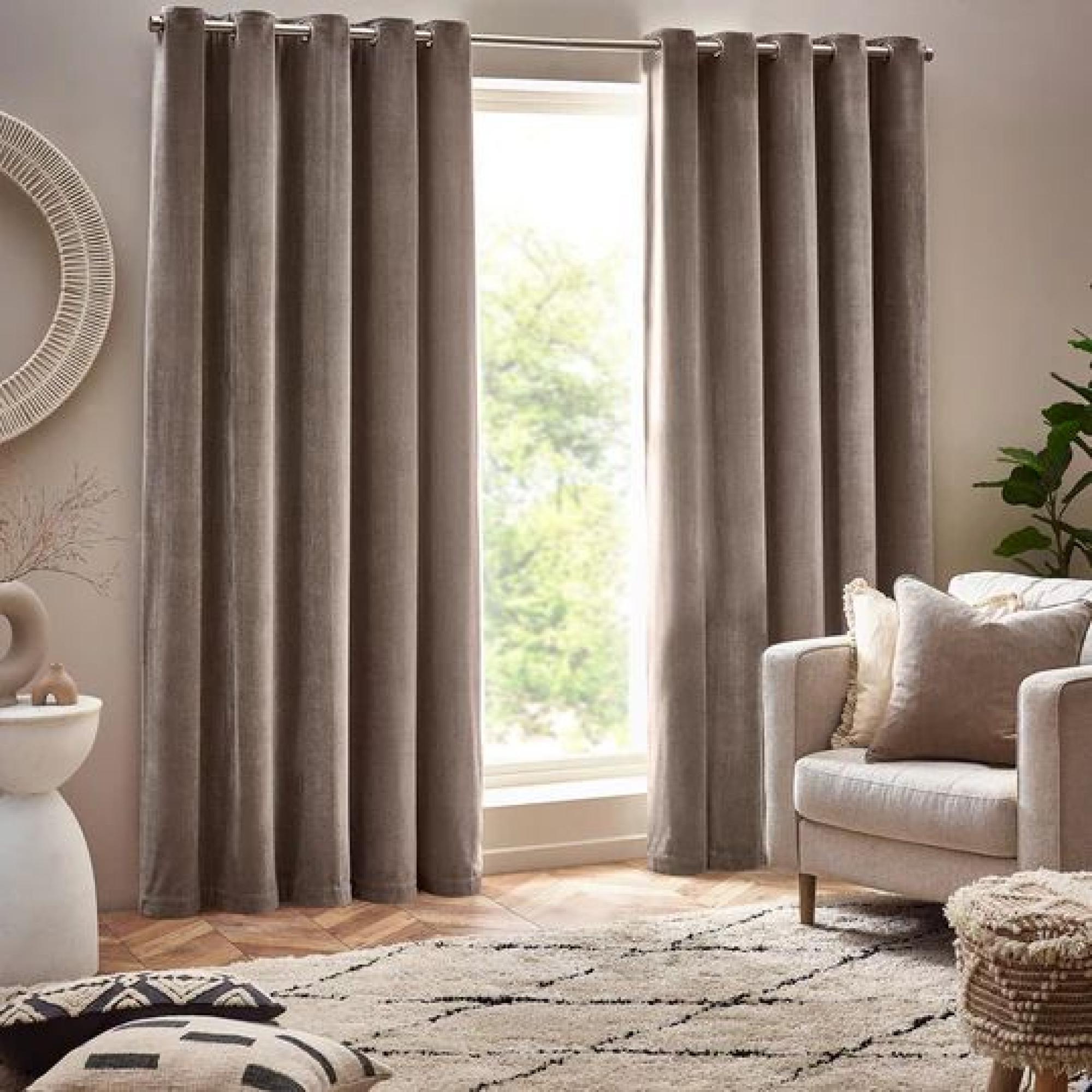Yard Heavy Greige Chenille Room Darkening Eyelet Curtains