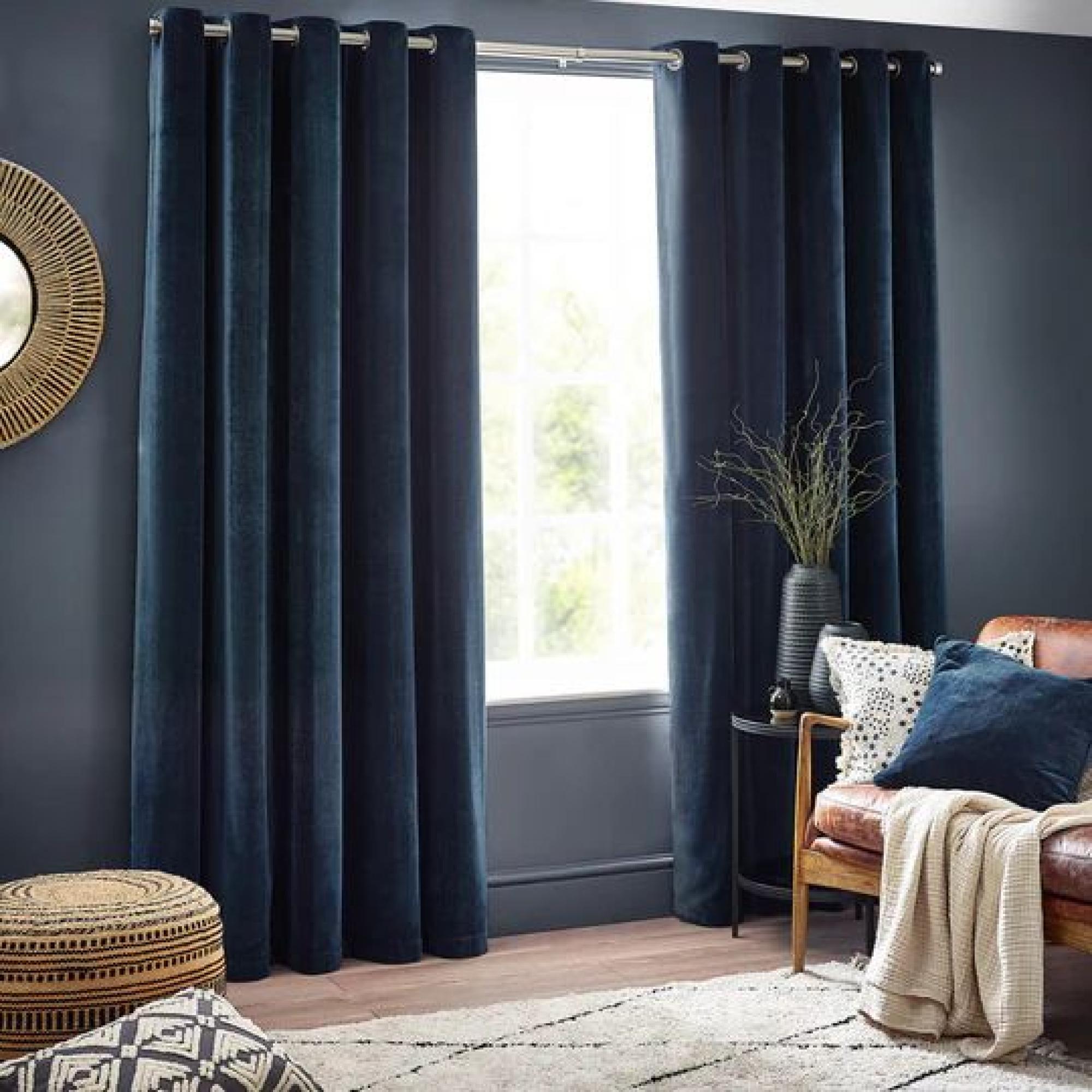 Yard Heavy Navy Chenille Room Darkening Eyelet Curtains