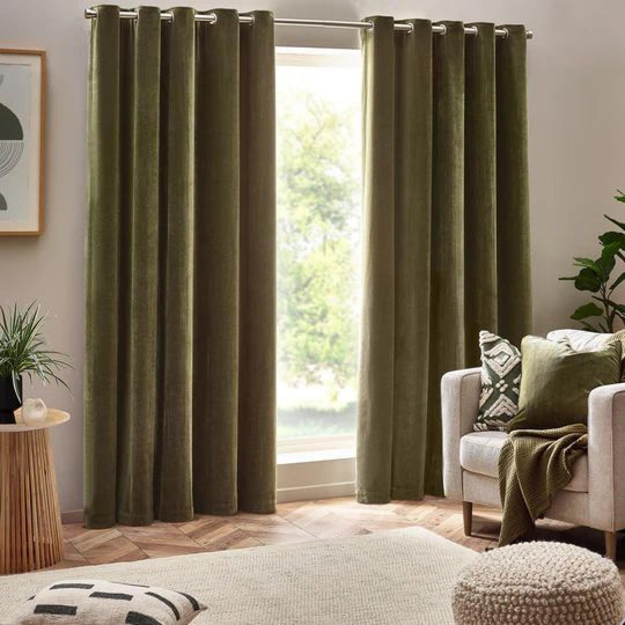 Yard Heavy Olive Chenille Room Darkening Eyelet Curtains