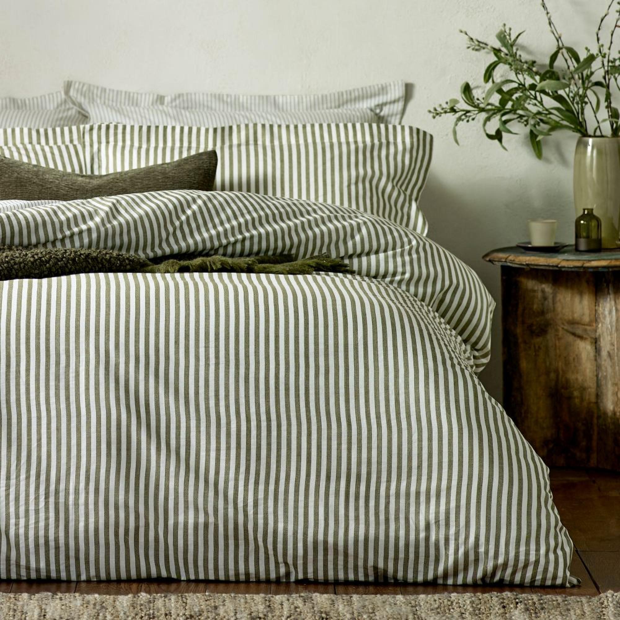 Yard Hebden Melange Olive Green Stripe Cotton Duvet Cover Set