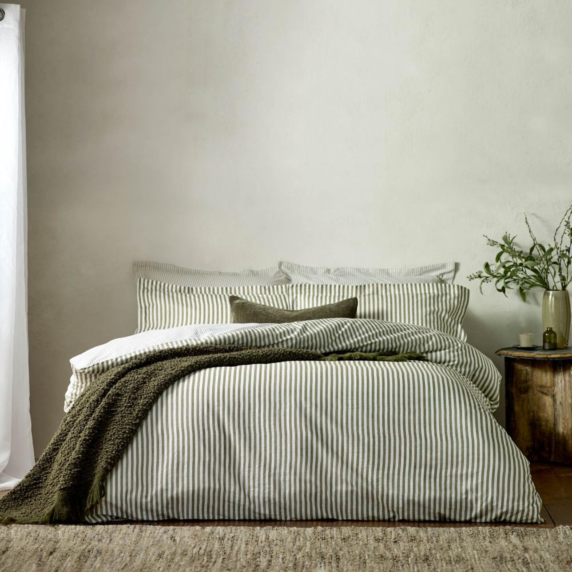 Yard Hebden Melange Olive Green Stripe Cotton Duvet Cover Set