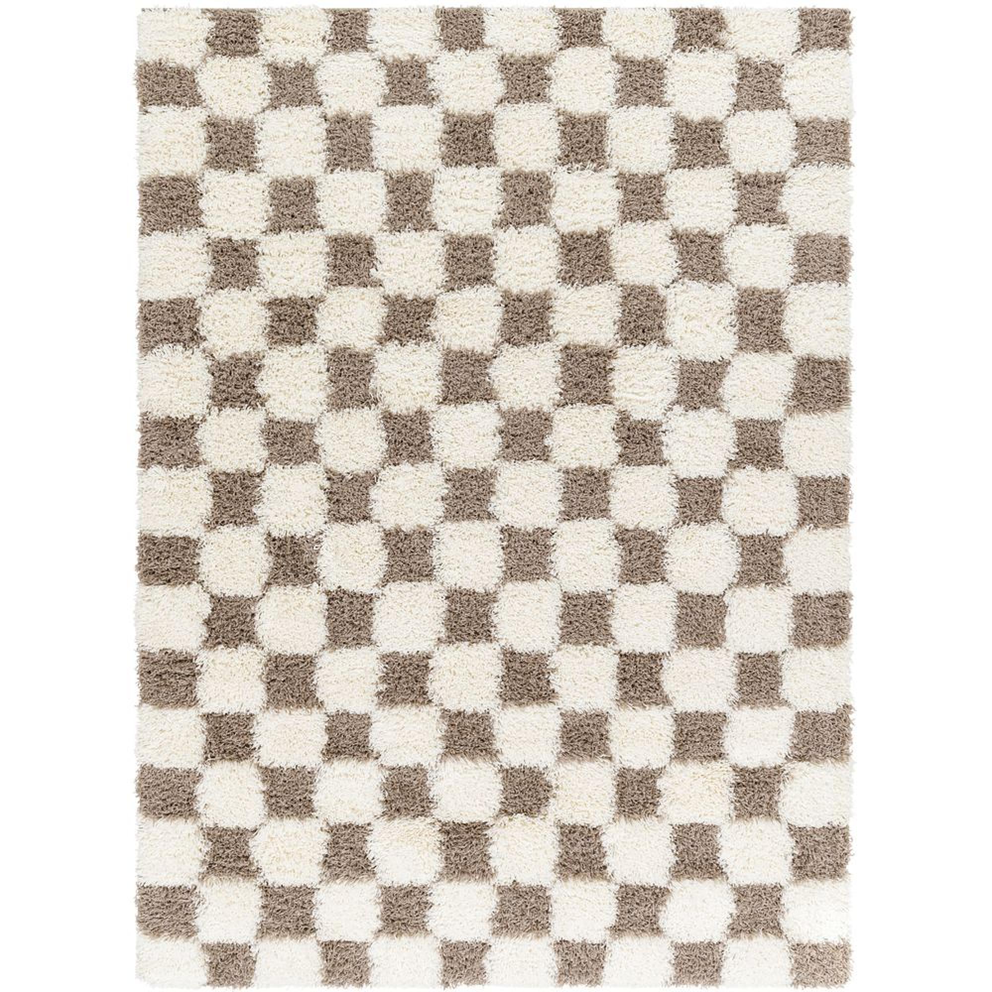 Urban Rug - Modern Shaggy - Cream and Brown Checkered - Sizes Available