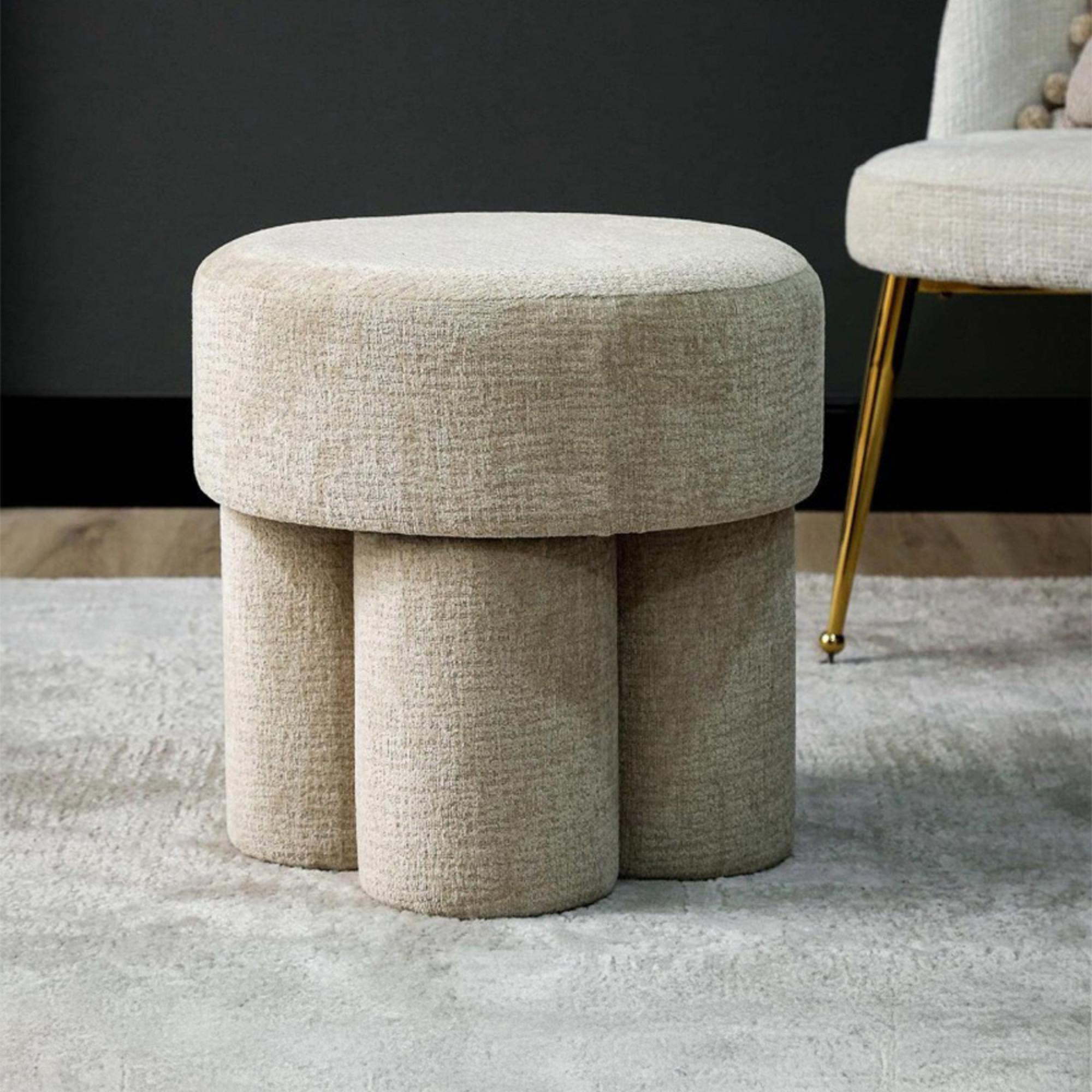 Footstool - Round - Beige Chenille Fabric