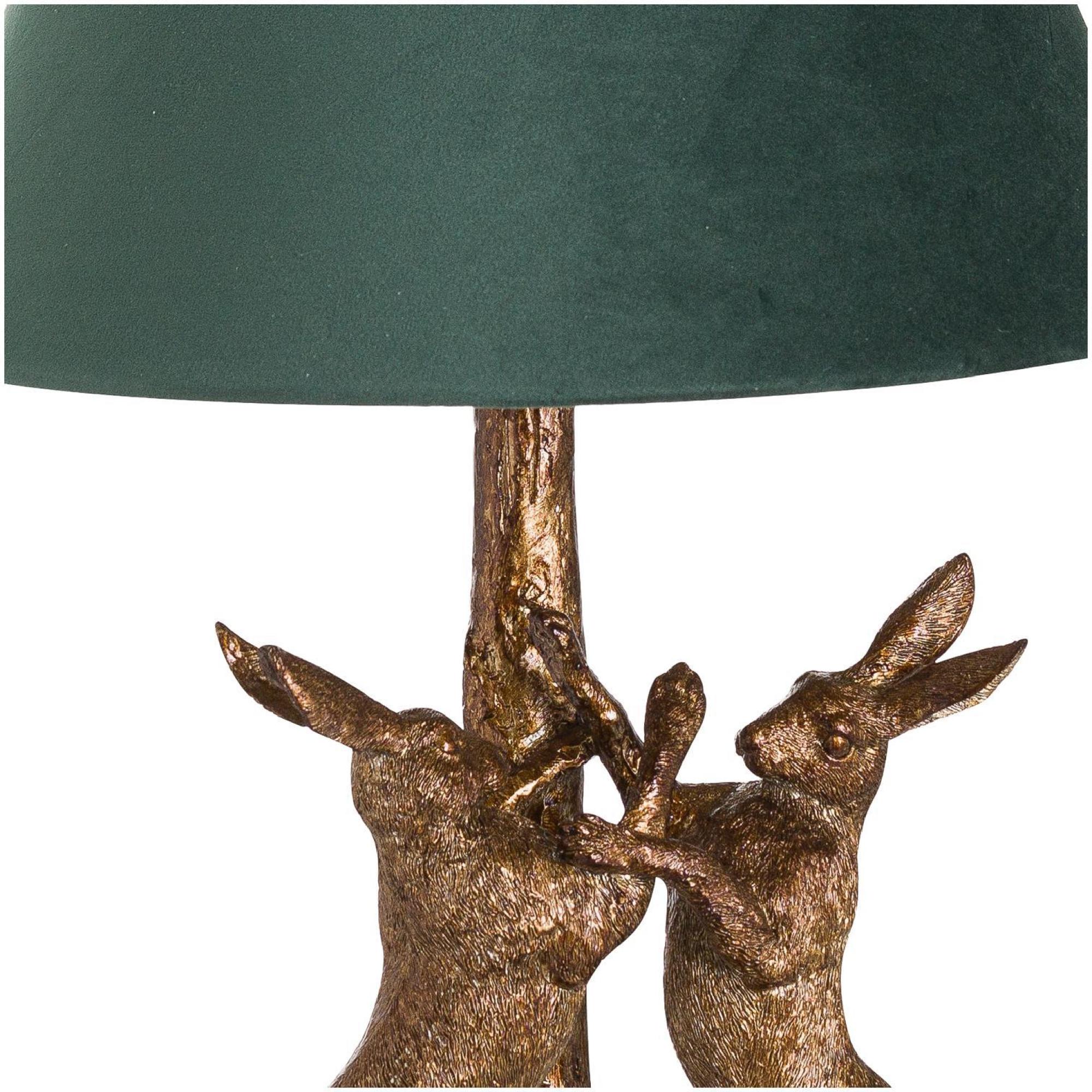 Marching Hares Lamp - Antique Gold Resin - Green Velvet Shade