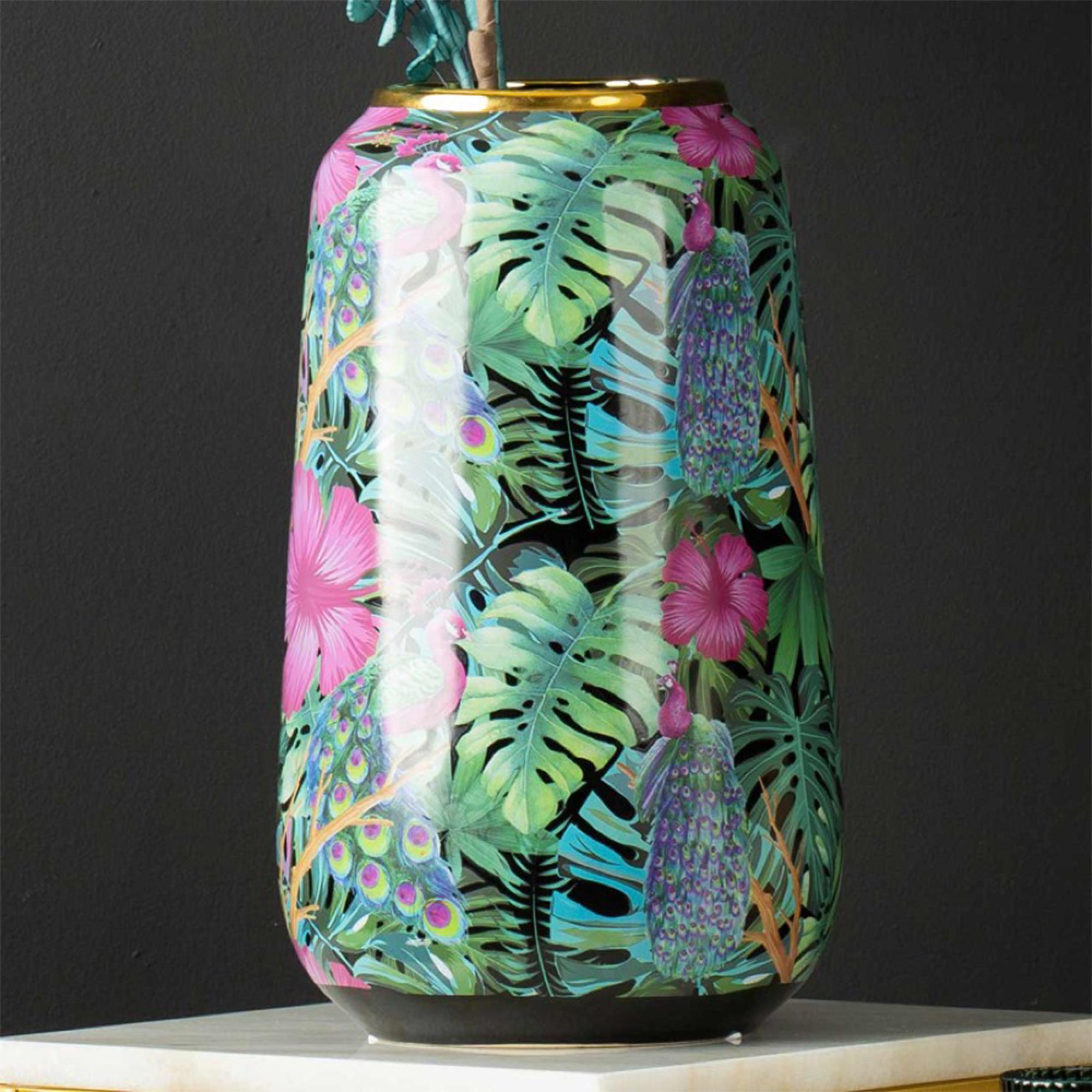 Vase - Green and Pink Palm Leaves Design - Ceramic - Large