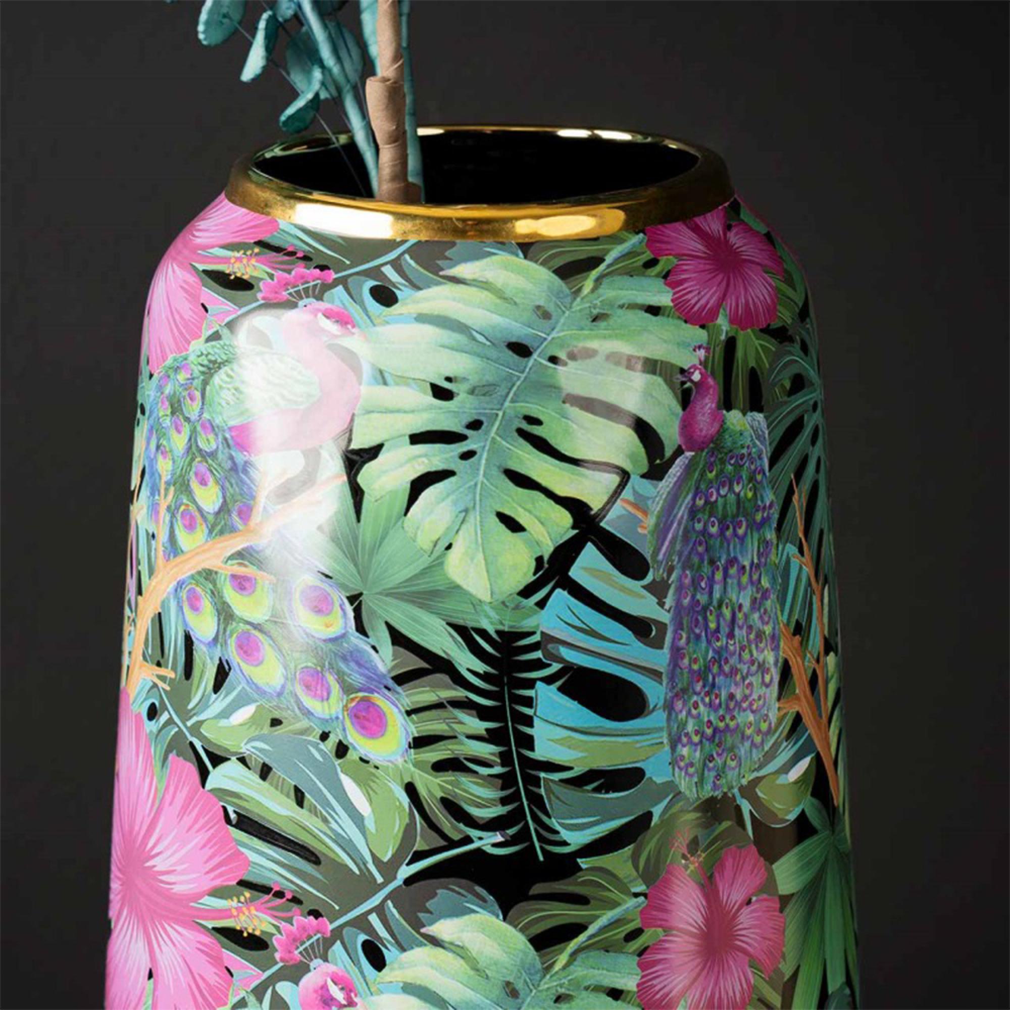 Vase - Green and Pink Palm Leaves Design - Ceramic - Large