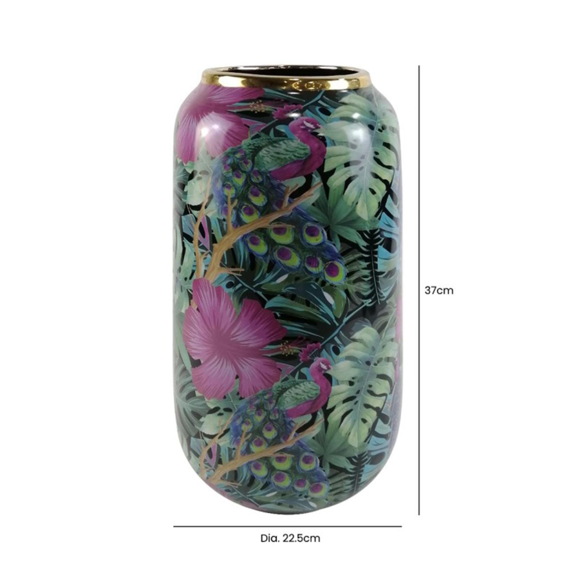Vase - Green and Pink Palm Leaves Design - Ceramic - Large