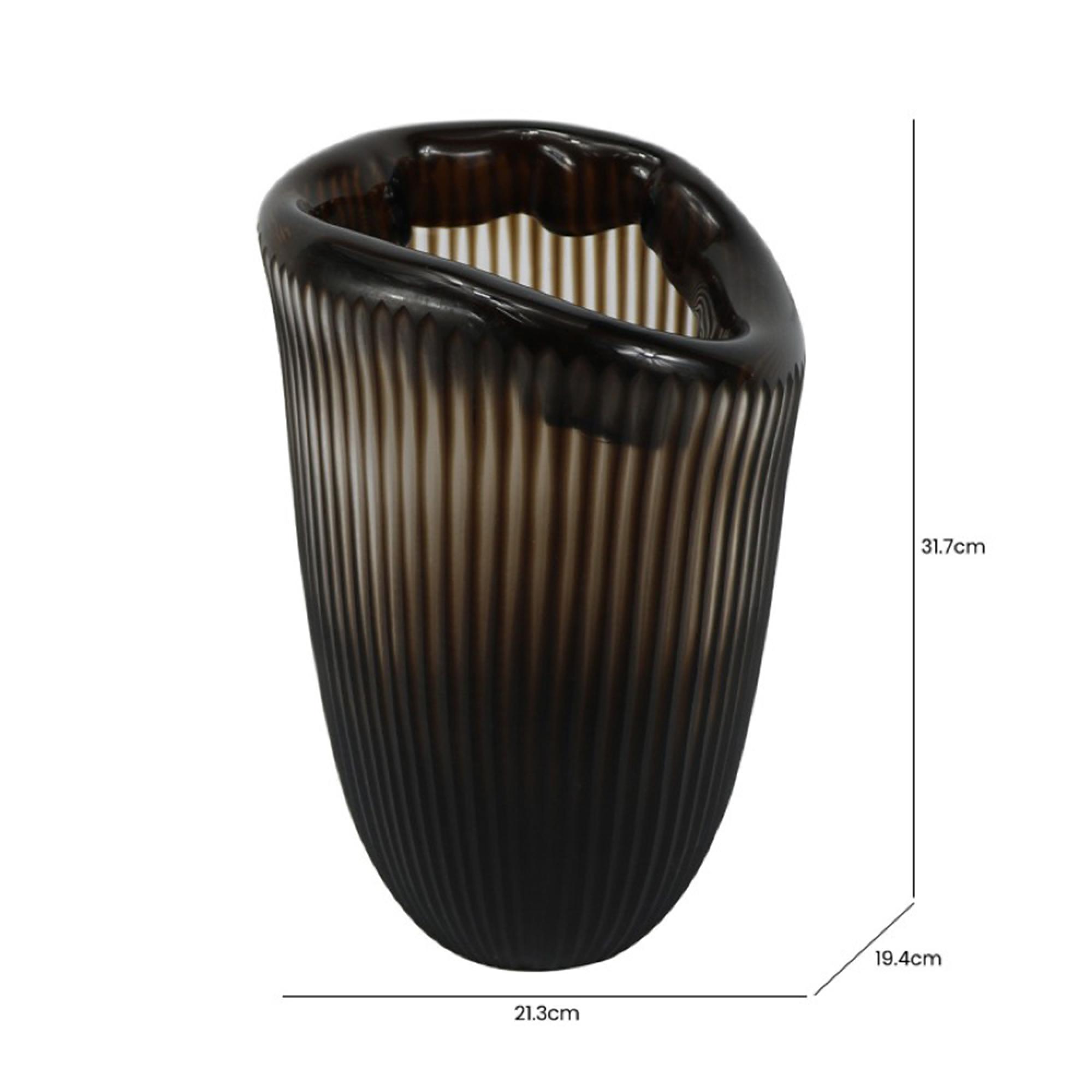 Vase - Handmade - Brown Pleated Glass - Large