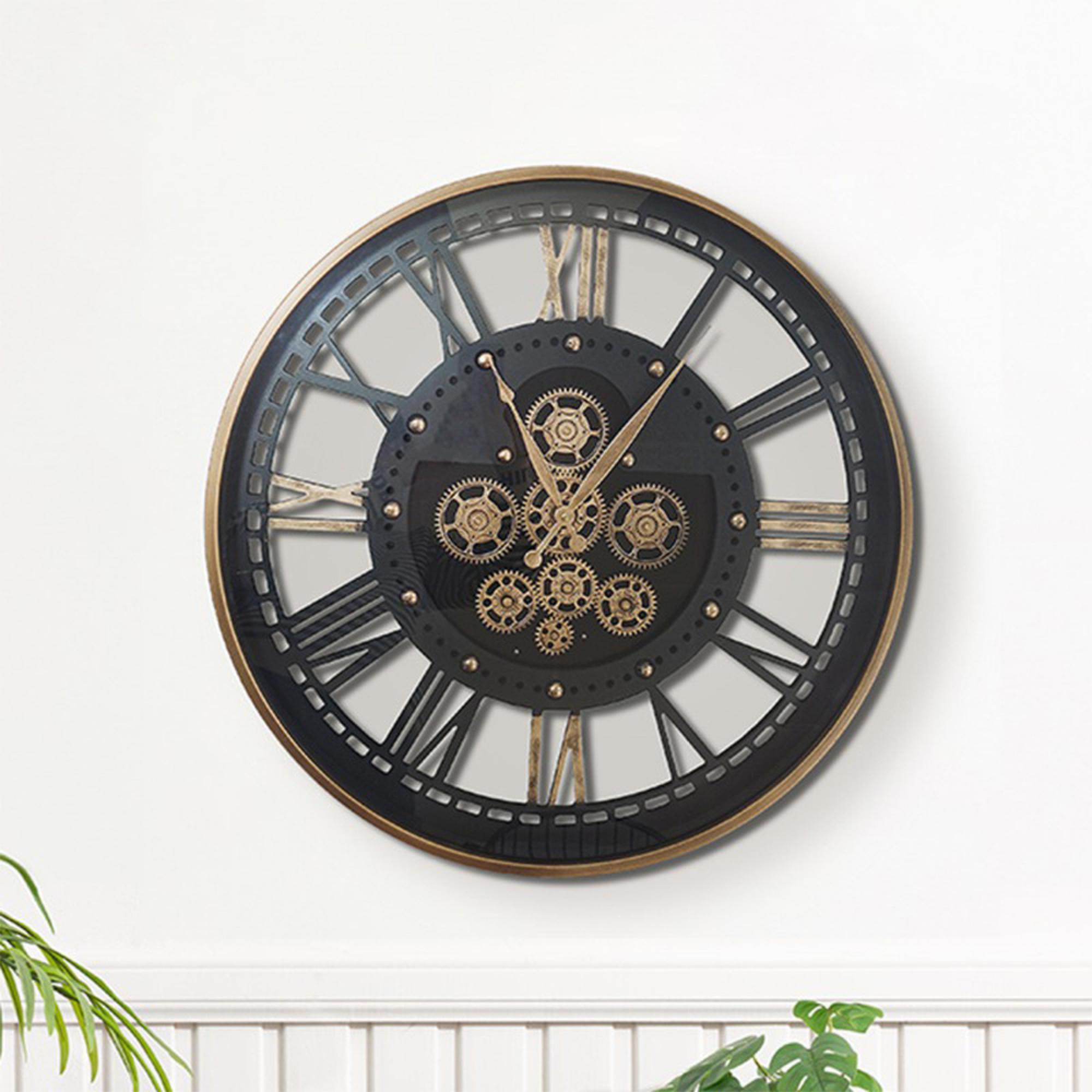 Wall Clock - Round - Industrial Gold and Black Metal Gears