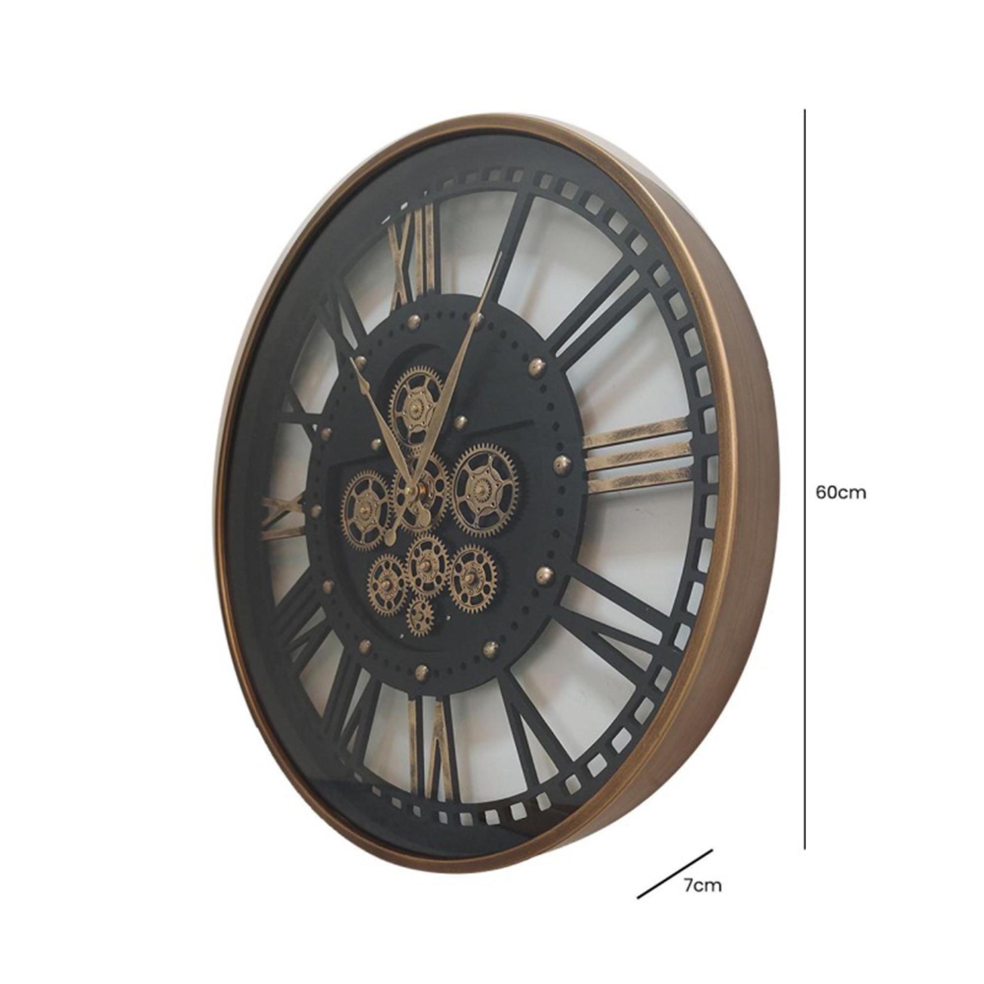 Wall Clock - Round - Industrial Gold and Black Metal Gears