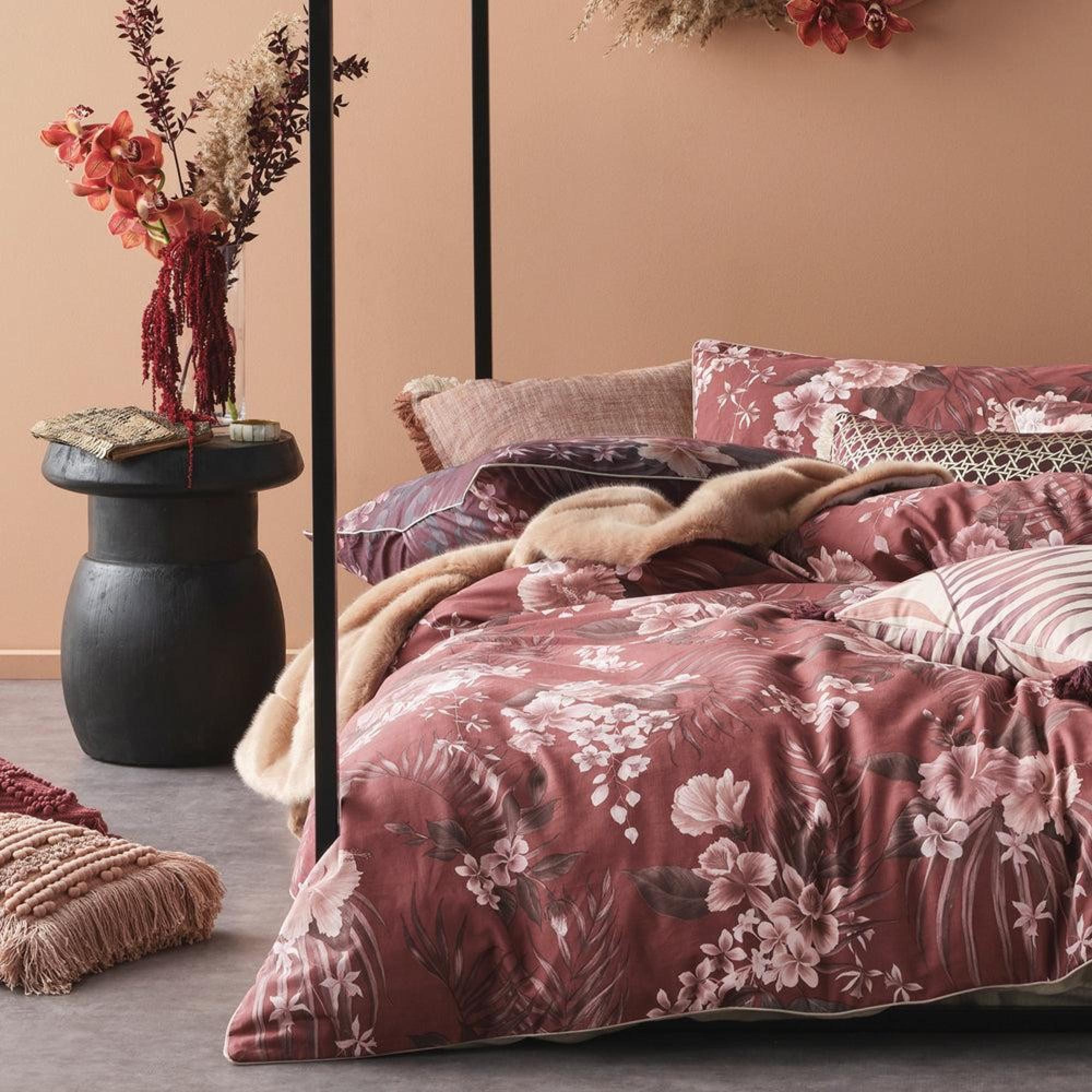 Linen House Taira Cord Piped Rhubarb and Mocha and Clay Floral Cotton Duvet Cover Set