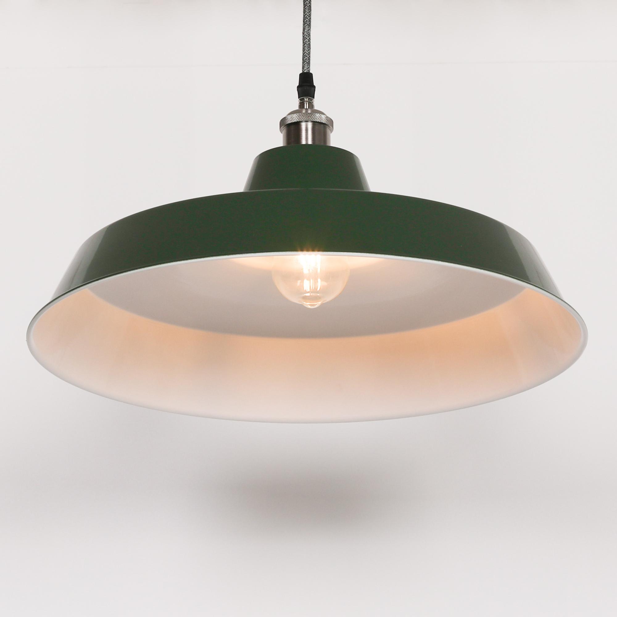 British Factory Style Pendant Light - Green Painted Metal - 46cm