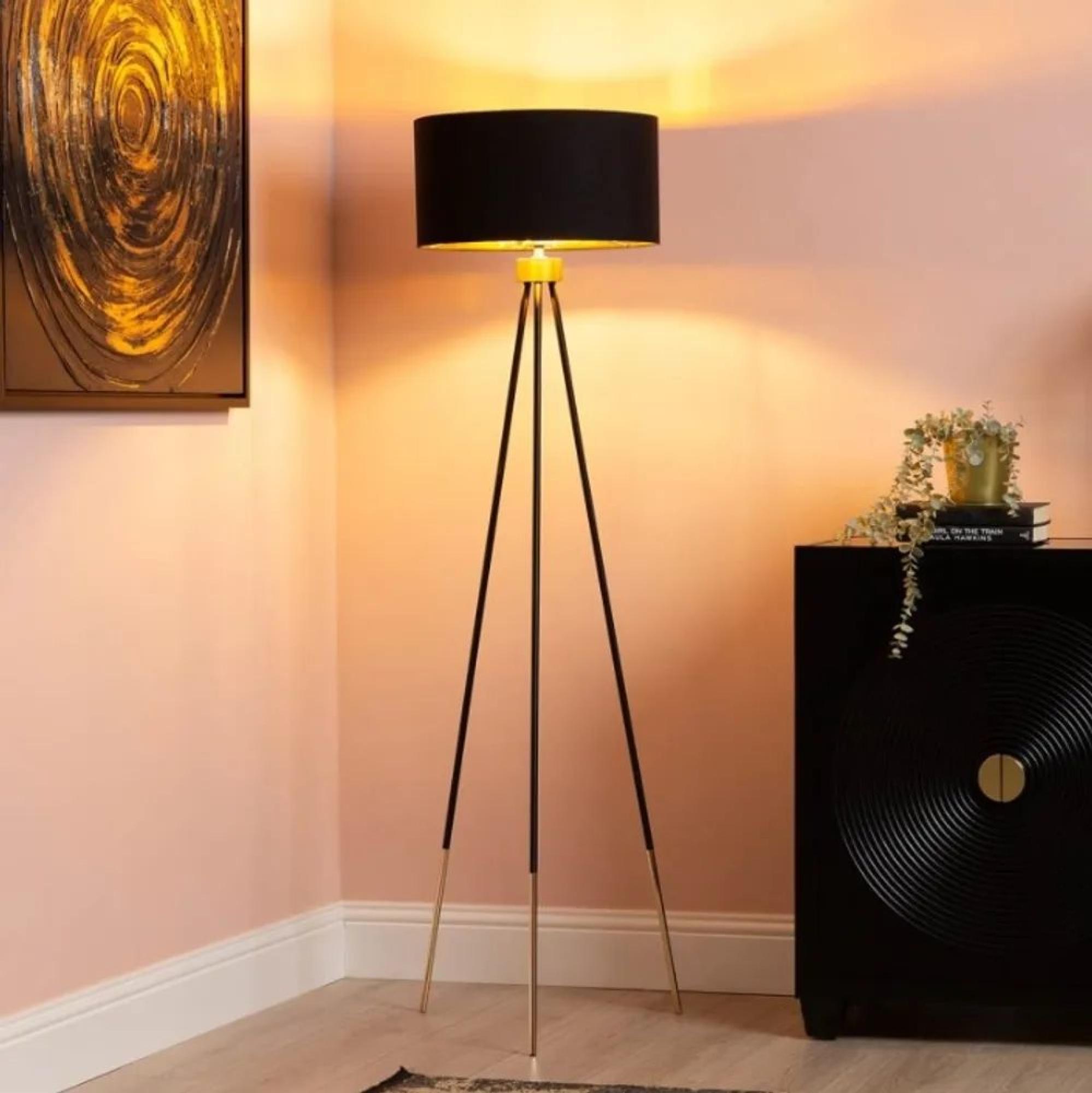Clearance - Black and Gold Tripod Floor Lamp with Black Linen Shade - FSS15996