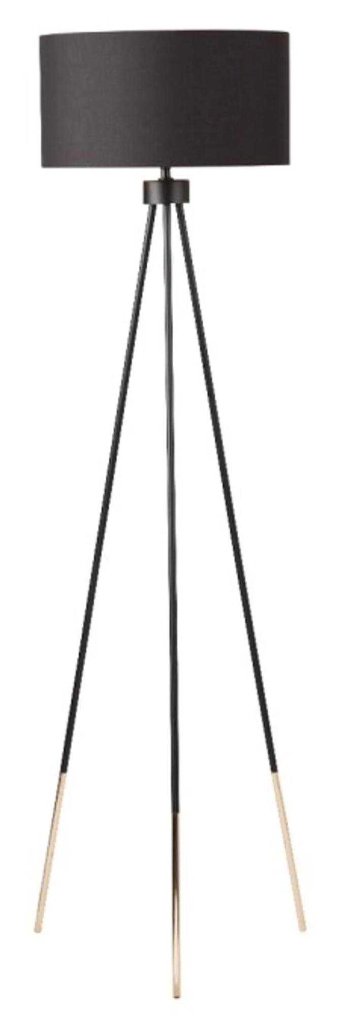 Clearance - Black and Gold Tripod Floor Lamp with Black Linen Shade - FSS15996