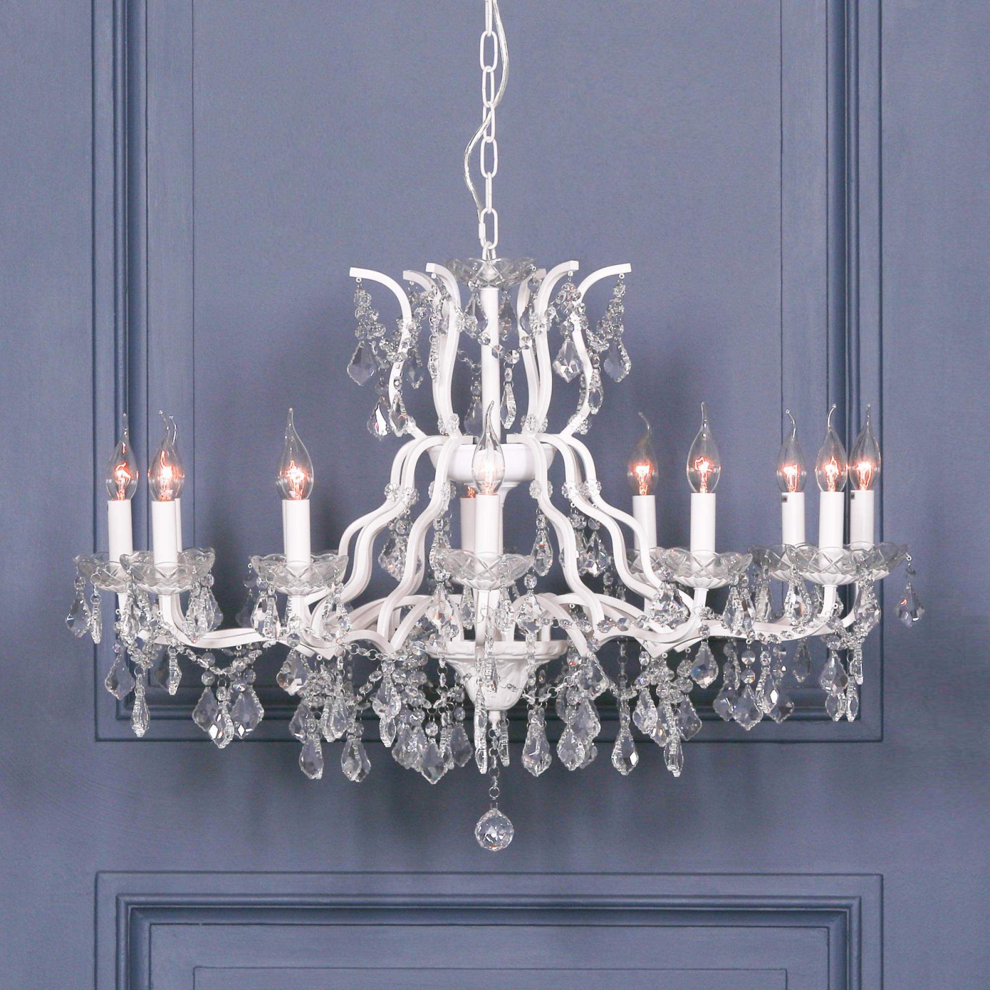 French Style Shallow Cut Glass Chandelier - White - 12 Branch