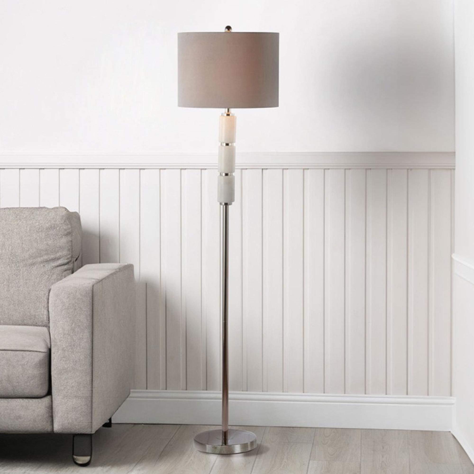 Floor Lamp - Grey Faux Silk and White Marble